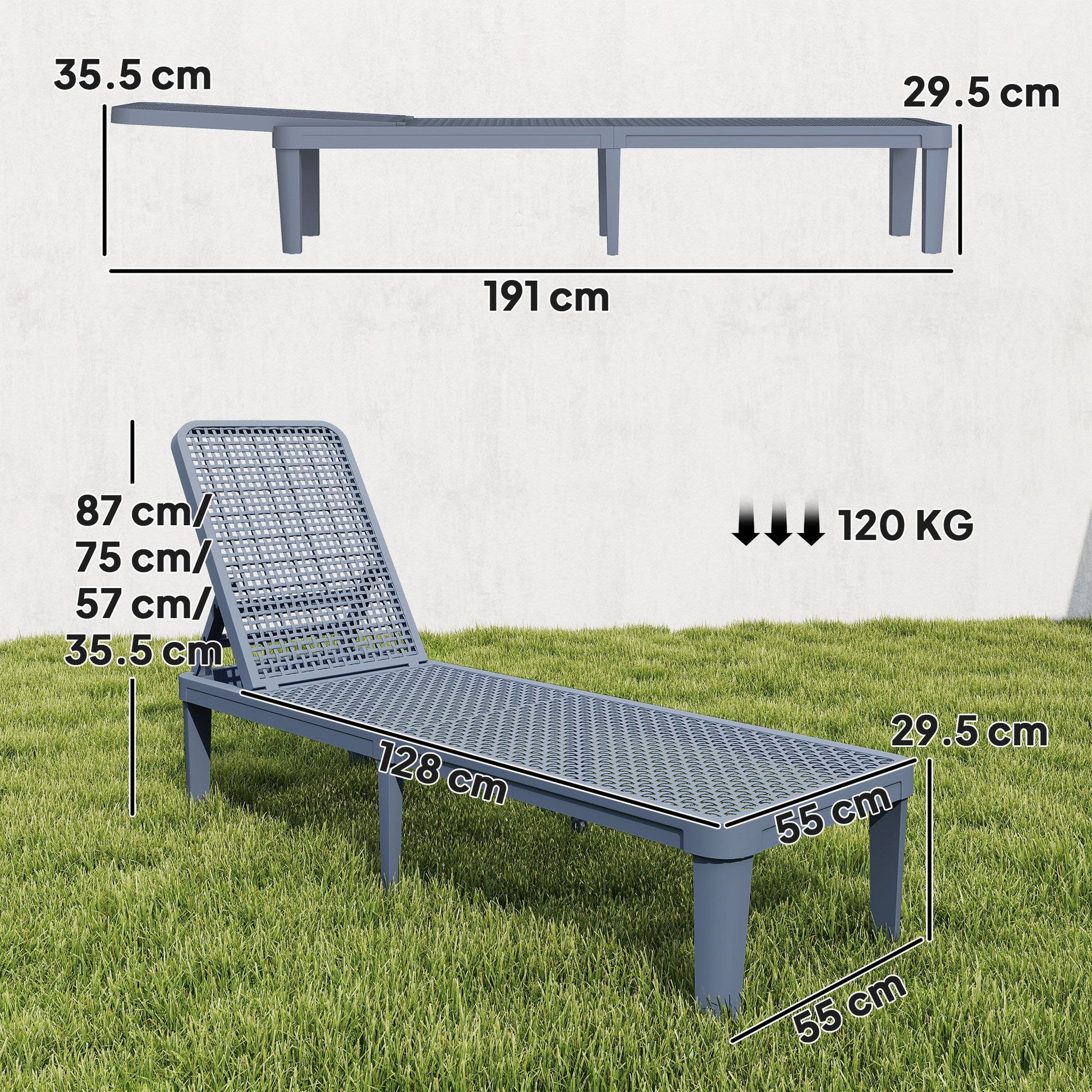 Outsunny Plastic Sun Lounger, 4-Position Adjustable Reclining Garden Lounger Sunbed for Patio, Beach, Terrace, Dark Grey