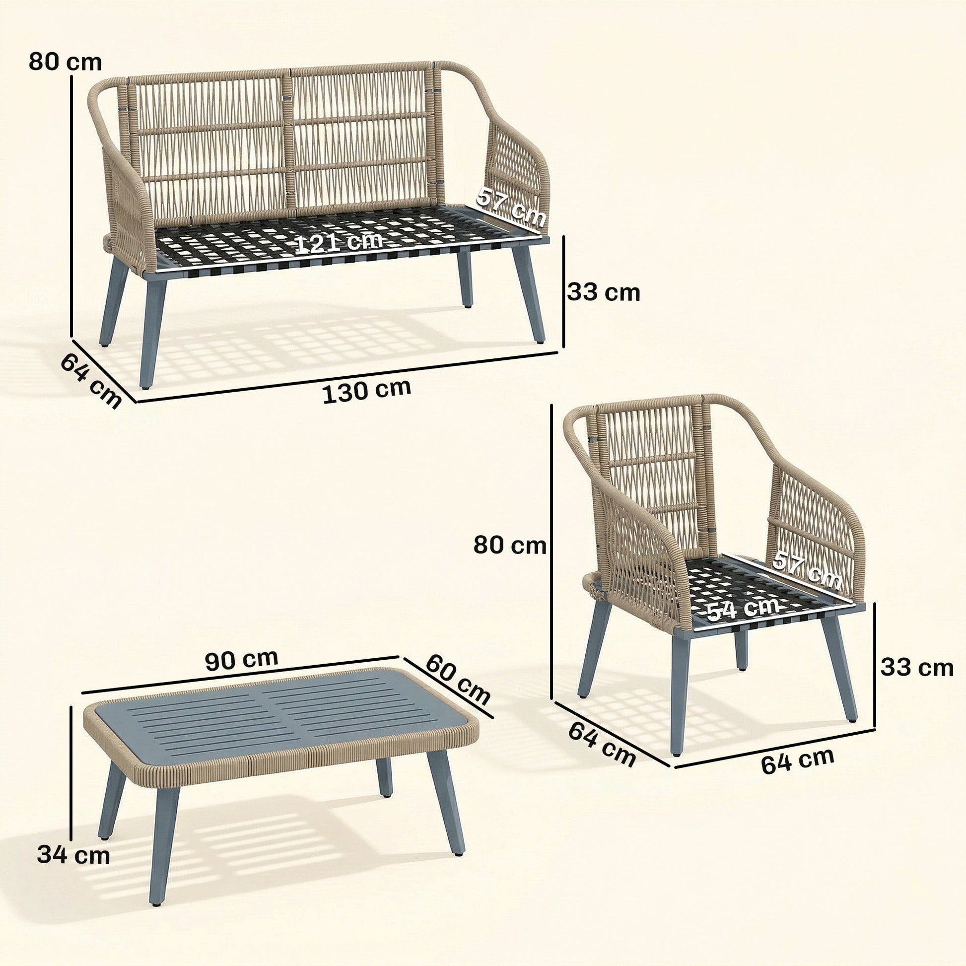 4 Piece Rattan Garden Furniture Set with Loveseat, Armchairs, Wood Table, Wicker Patio Conversation Set, Grey