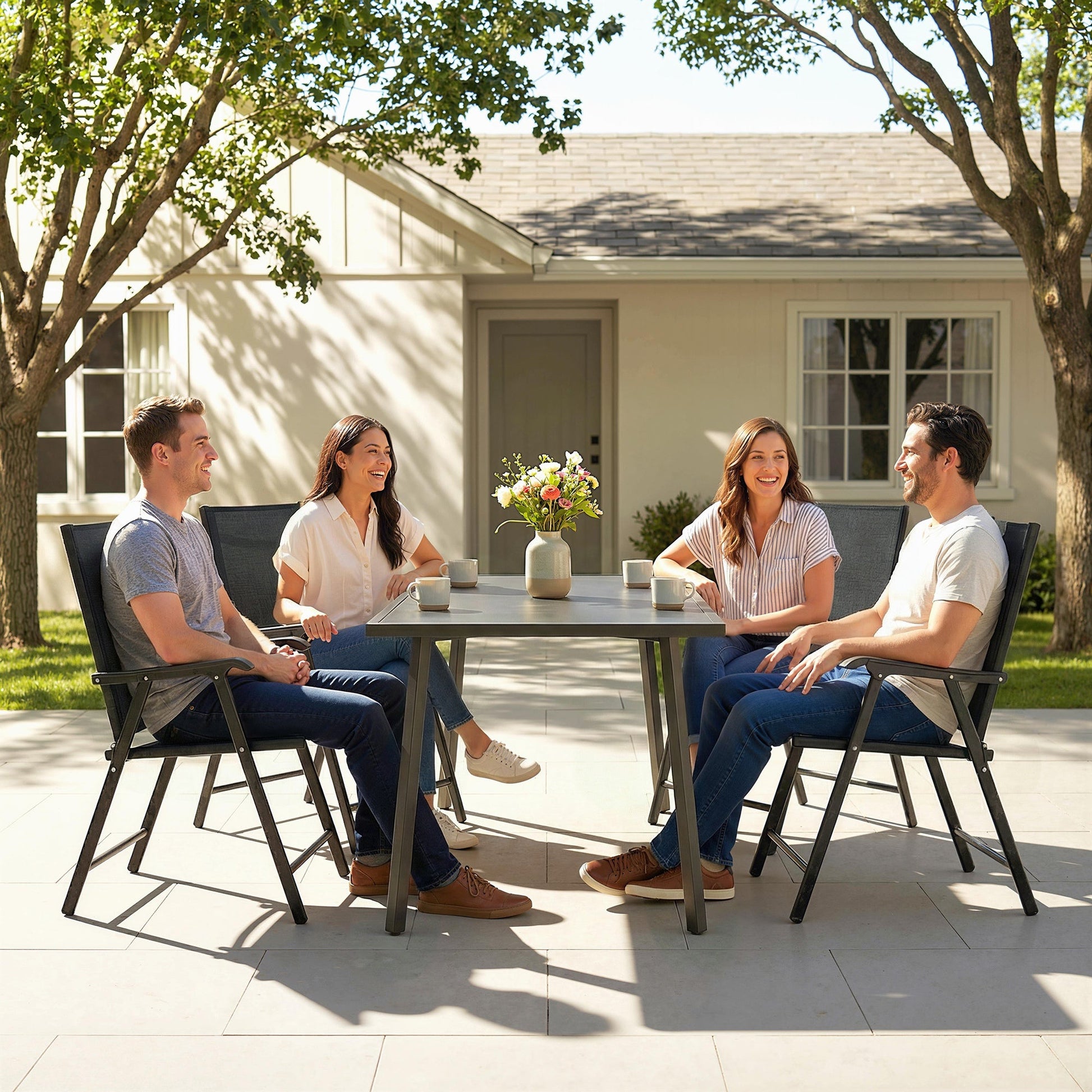 Folding Garden Chairs Set of 4, Foldable Garden Dining Chairs with High Back, Armrests, Texteline Seat, Black