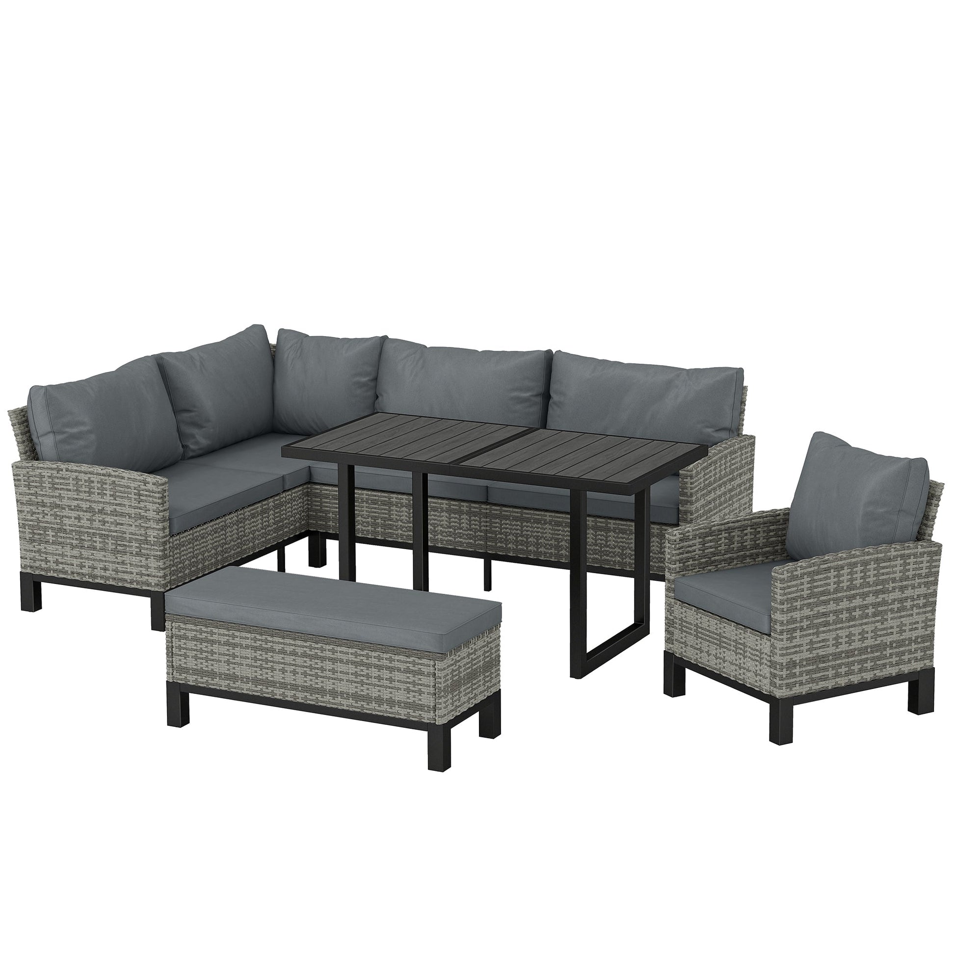9 Seater Rattan Garden Furniture Corner Sofa Set, Outdoor Dining Set with Faux Wood Table, Ottoman, Cushions, Dark Grey