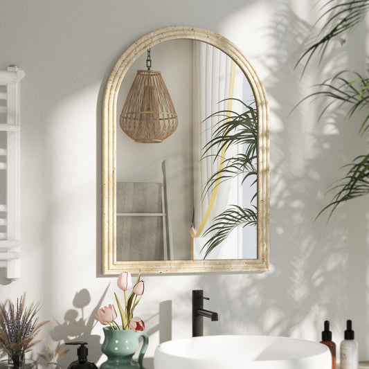 Arched Wall Mirror with Grooved Edge & Hooks, Wall-Mounted Mirror, Modern Tempered Glass & Polystyrene Beige