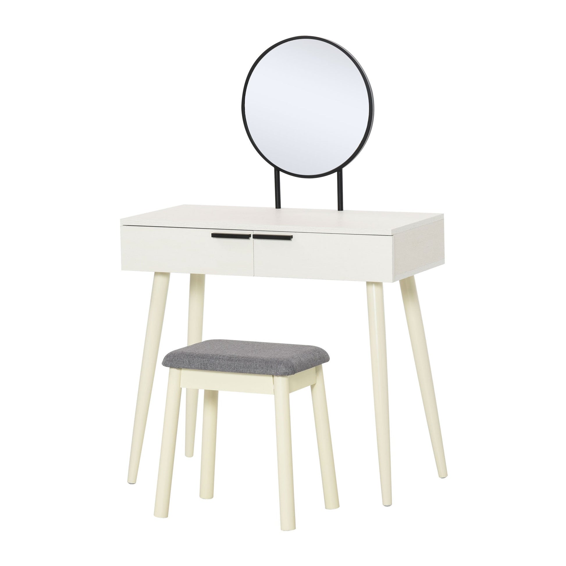 Dressing Table with Mirror and Stool, Vanity Makeup Desk Set with 2 Drawers, Cushioned Stool and Make-up Organizer for Bedroom and Dressing Room, White