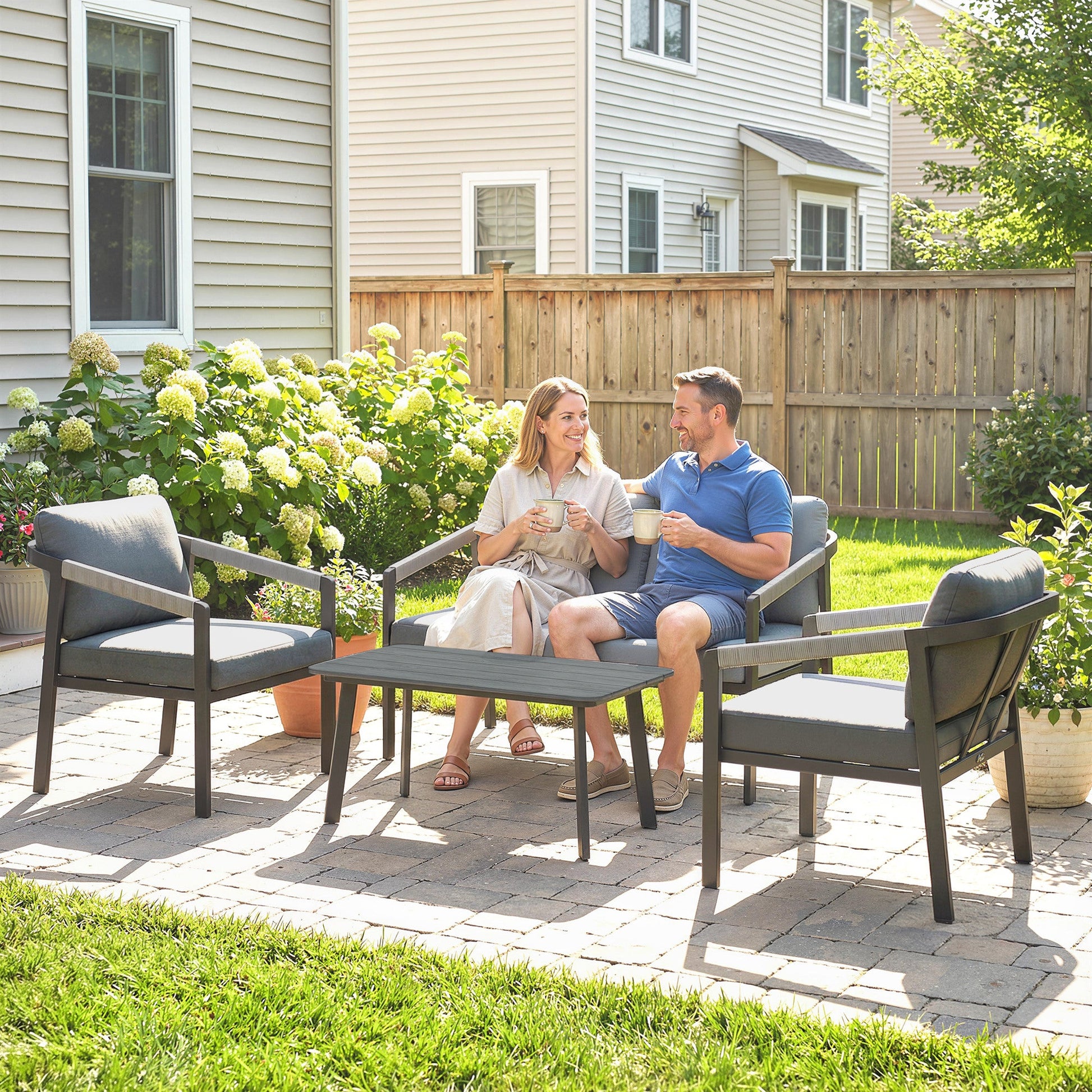 Aluminium Garden Furniture Set, 4 Seater Outdoor Patio Furniture with Loveseat, 2 Armchairs, Slatted Table
