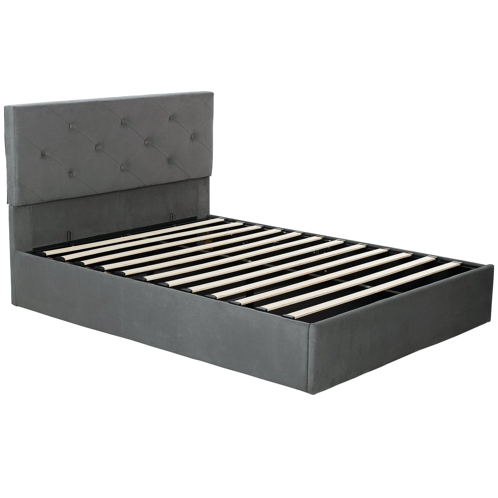 Double Bed Frame Gas Side Lift Under Bed Storage Upholstered Platform Bed Tufted Headboard for 140 x 190 cm Mattress