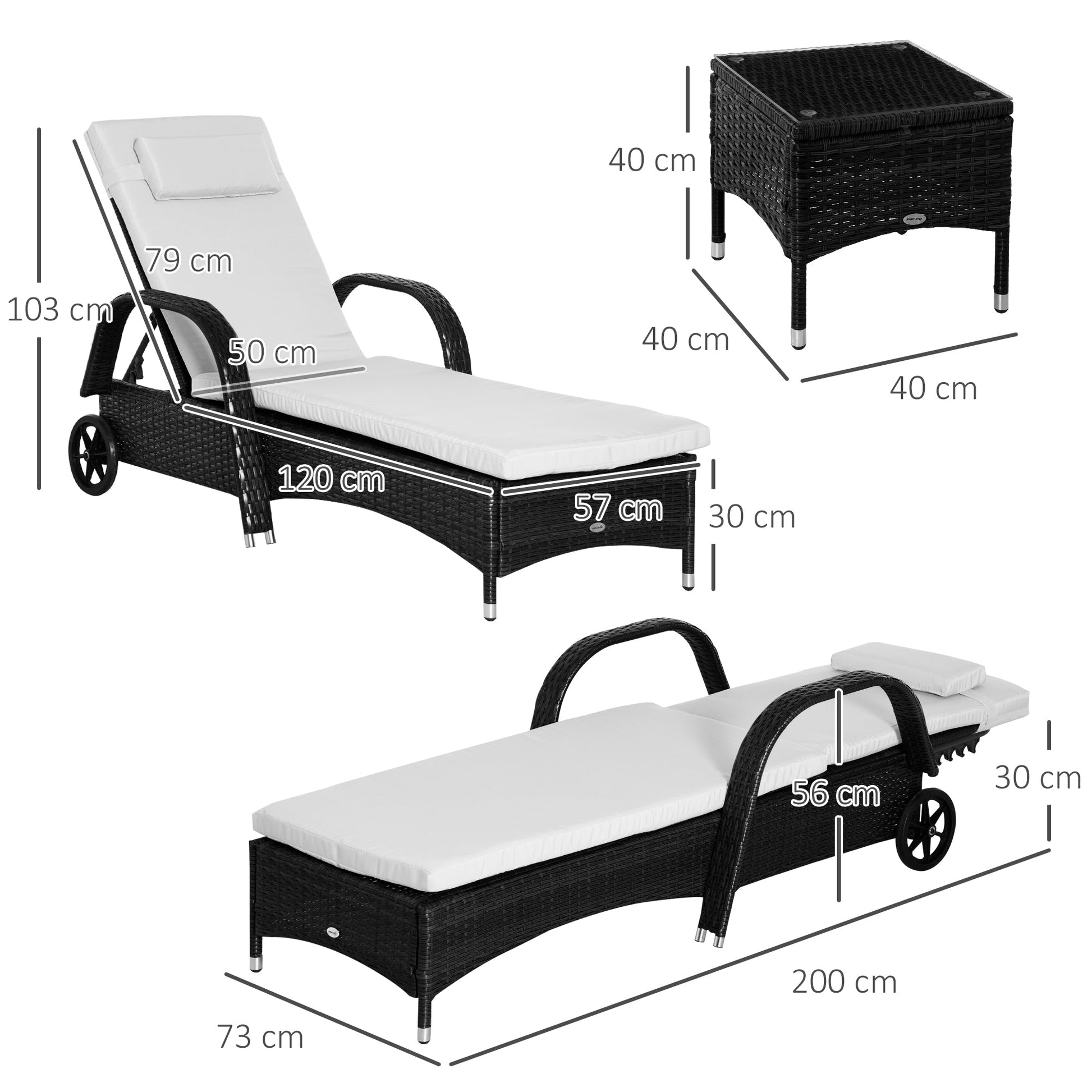 2 Seater Rattan Sun Lounger Set with Side Table Black