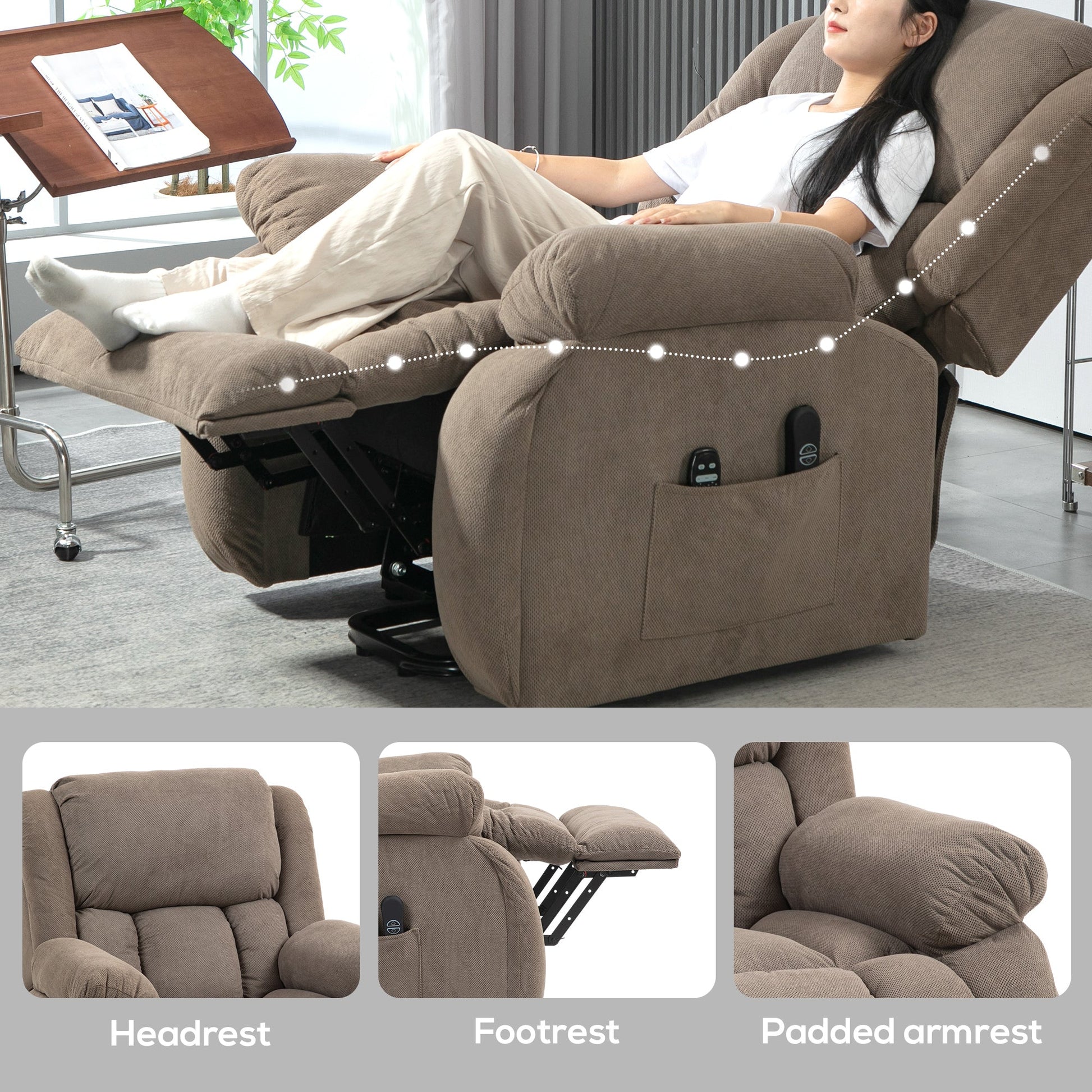 Recliner Armchair Lift Chair, Electric Recliner Chair with Vibration Massage and Heat, Wide Seat, USB Port, Light Brown