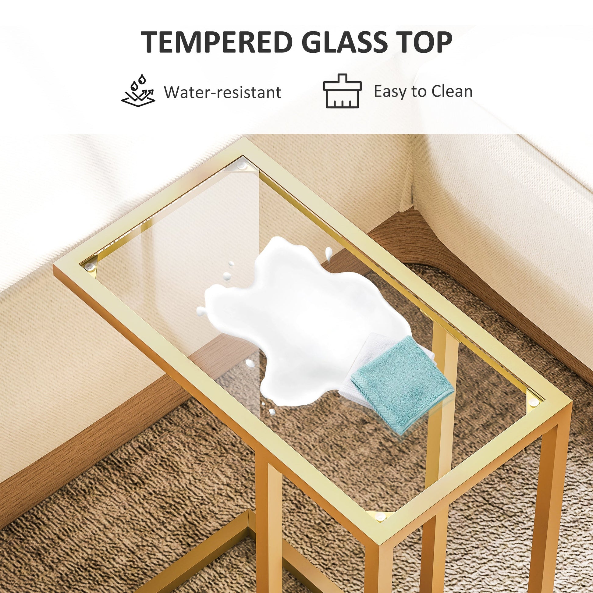 C-Shaped Side Table, Modern Slim End Table with Tempered Glass Tabletop, Steel Frame for Small Space, Living Room, Bedroom, Gold Tone