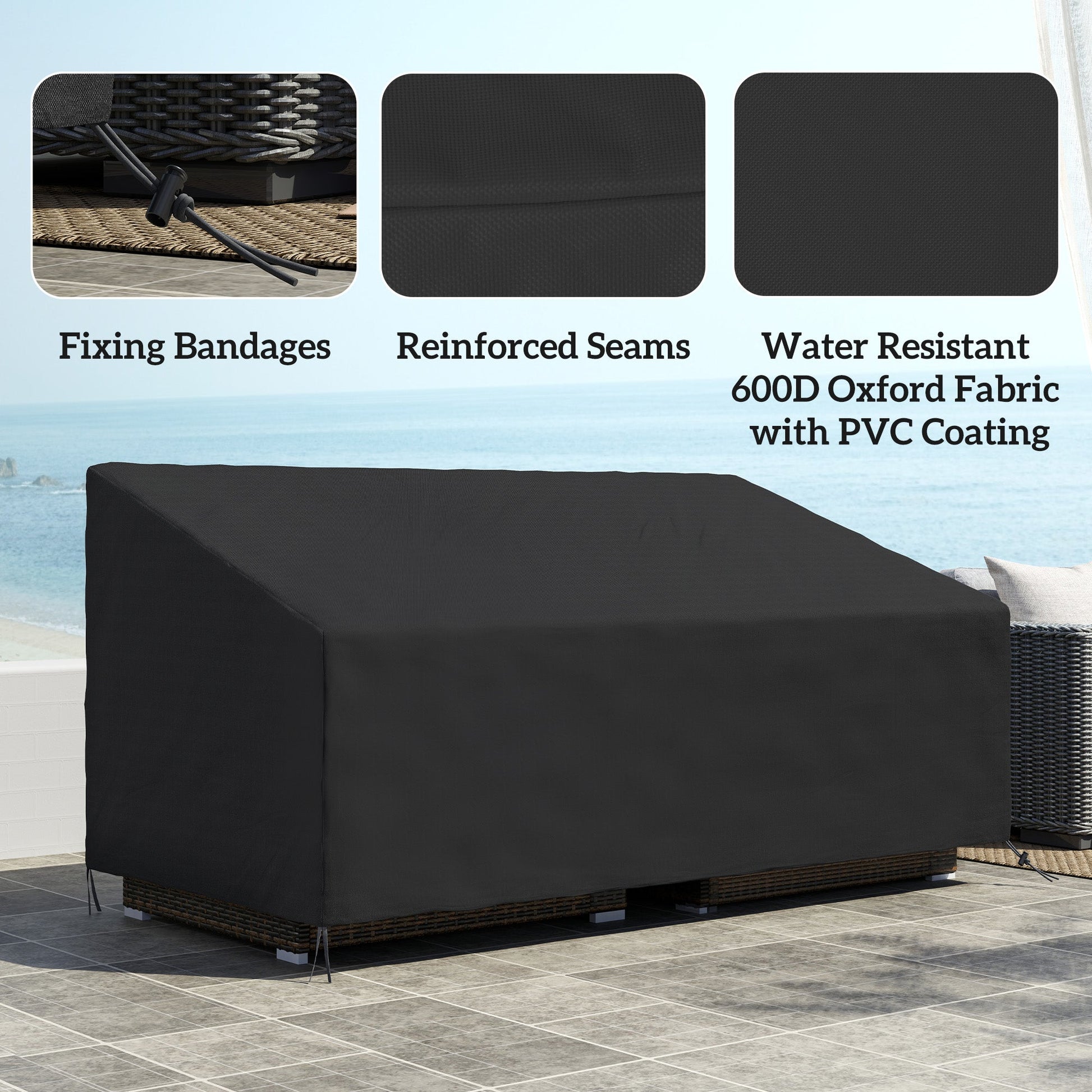 600D Oxford Cloth Furniture Cover, 3 Seater Sofa Protector for Garden Patio, Outdoor, Waterproof, Black, 218 x 111 x 63-101 cm