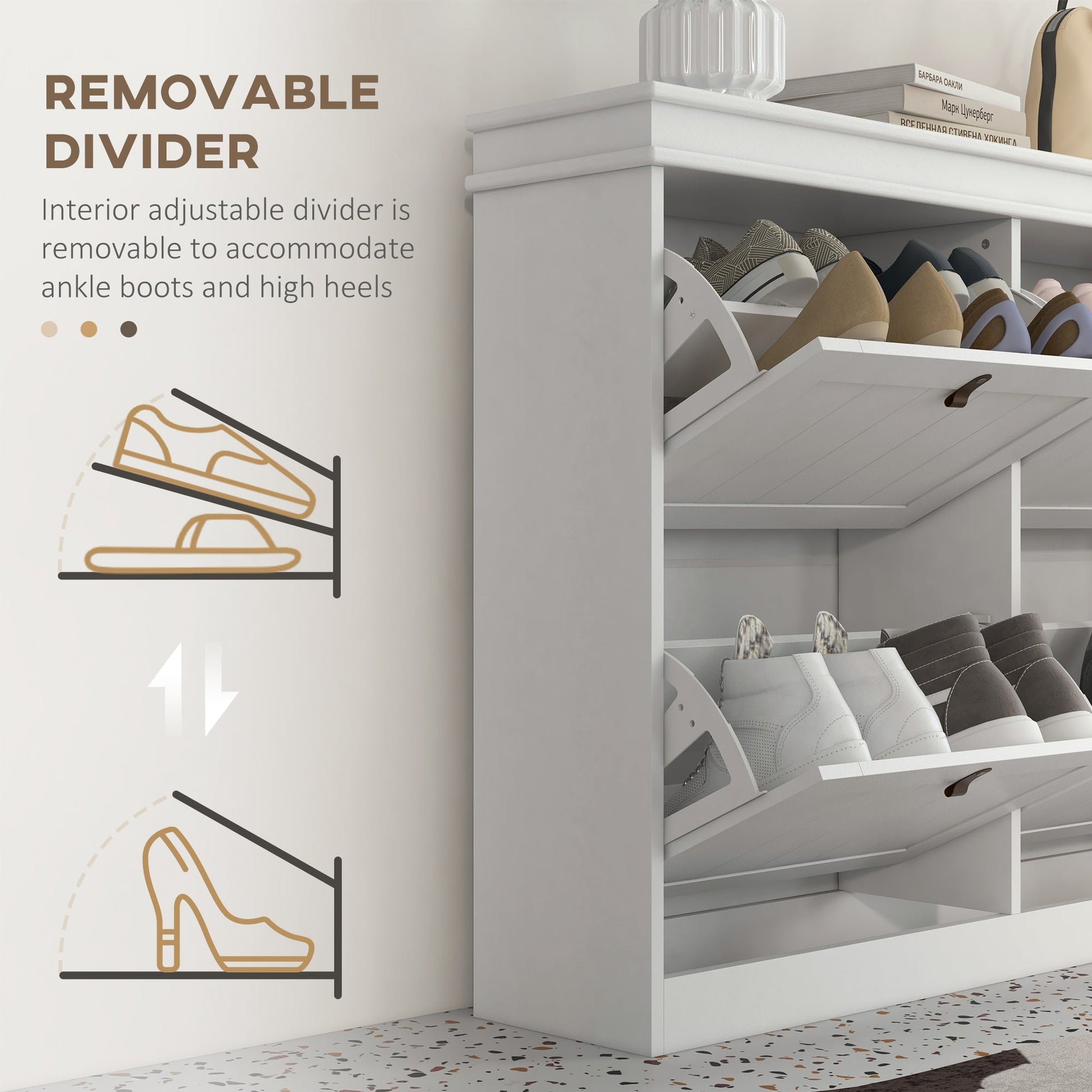 Slim Shoe Cabinet, Shoe Cabinet with 4 Drop-Down Drawers, 105W x 24D x 82.5H cm,  White