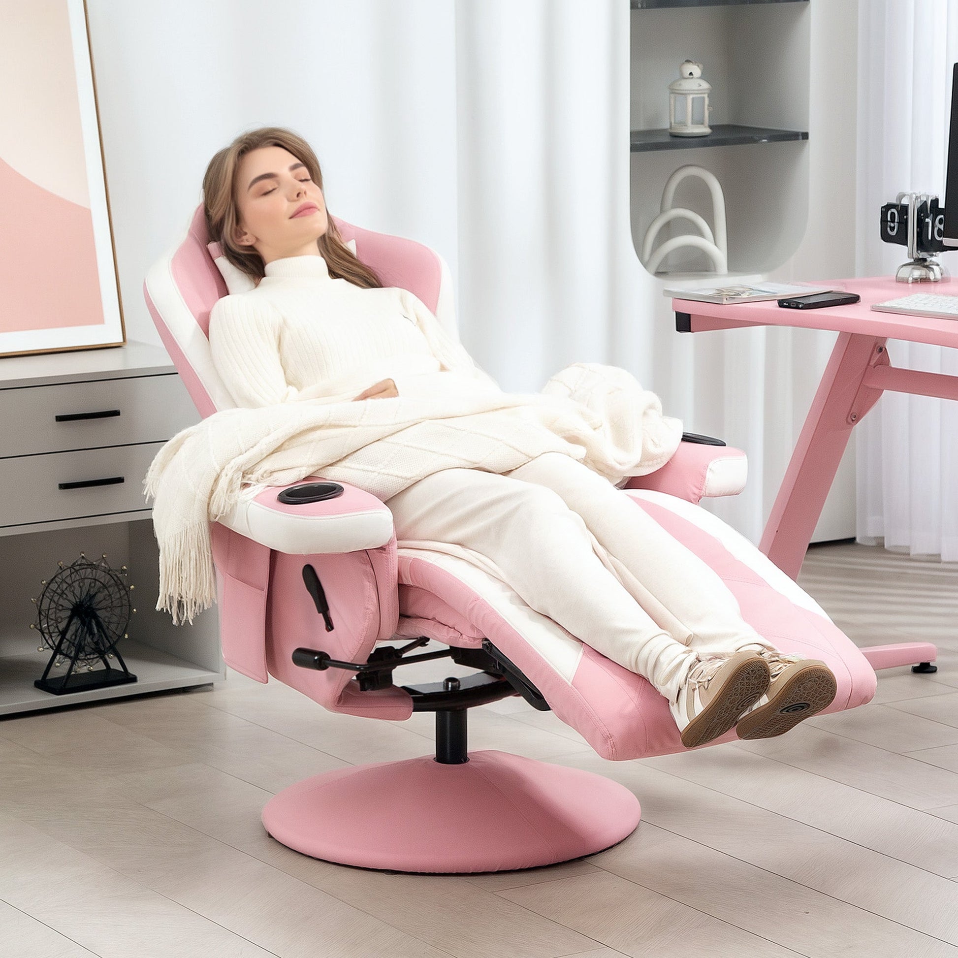 Manual Recliner Armchair PU Leather Lounge Chair w Adjustable Leg Rest, Reclining Function, Swivel, Pink