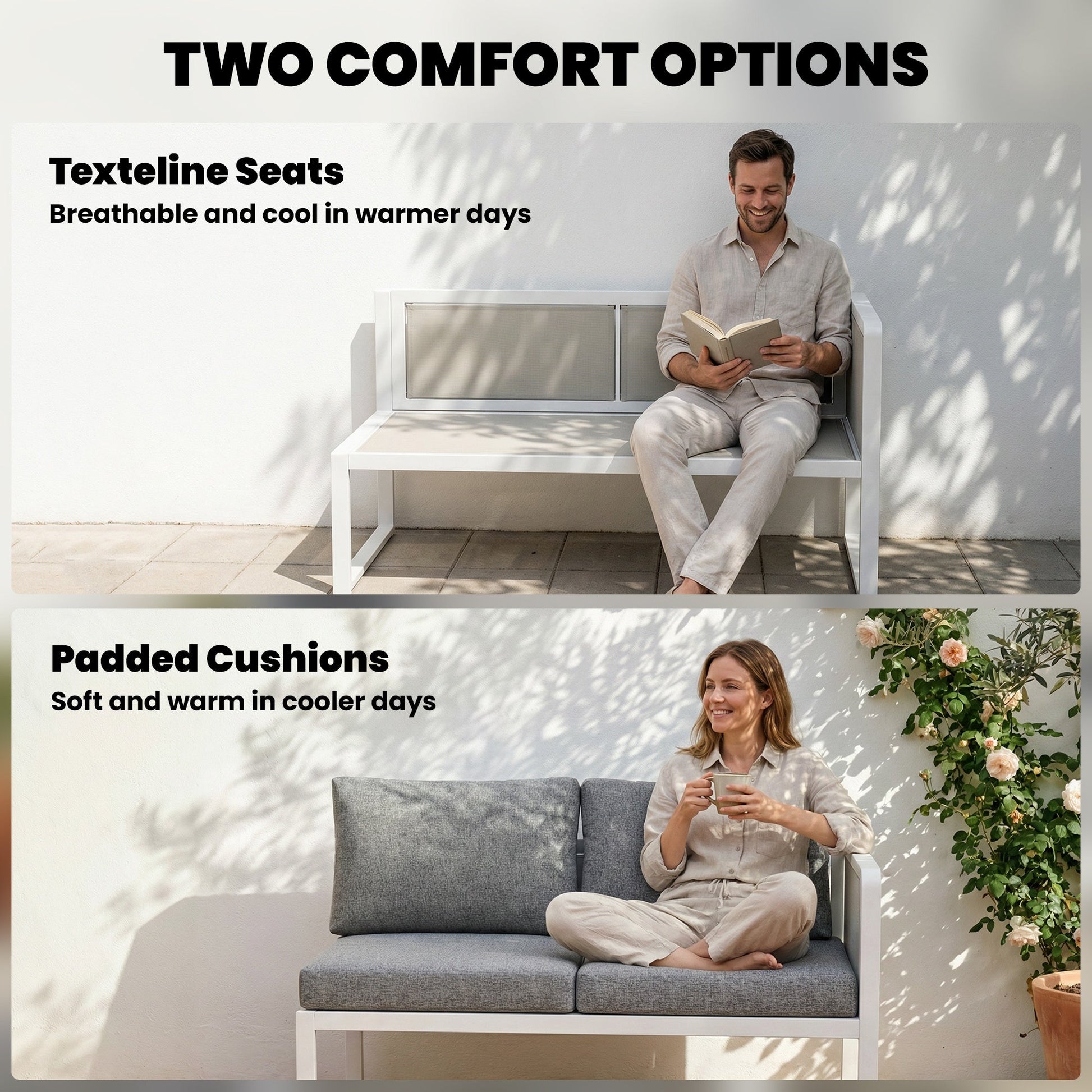 6 Seater Metal Garden Furniture Corner Sofa Set with 3 Loveseats, Faux Wood Table, Texteline Seat, Cushions, White