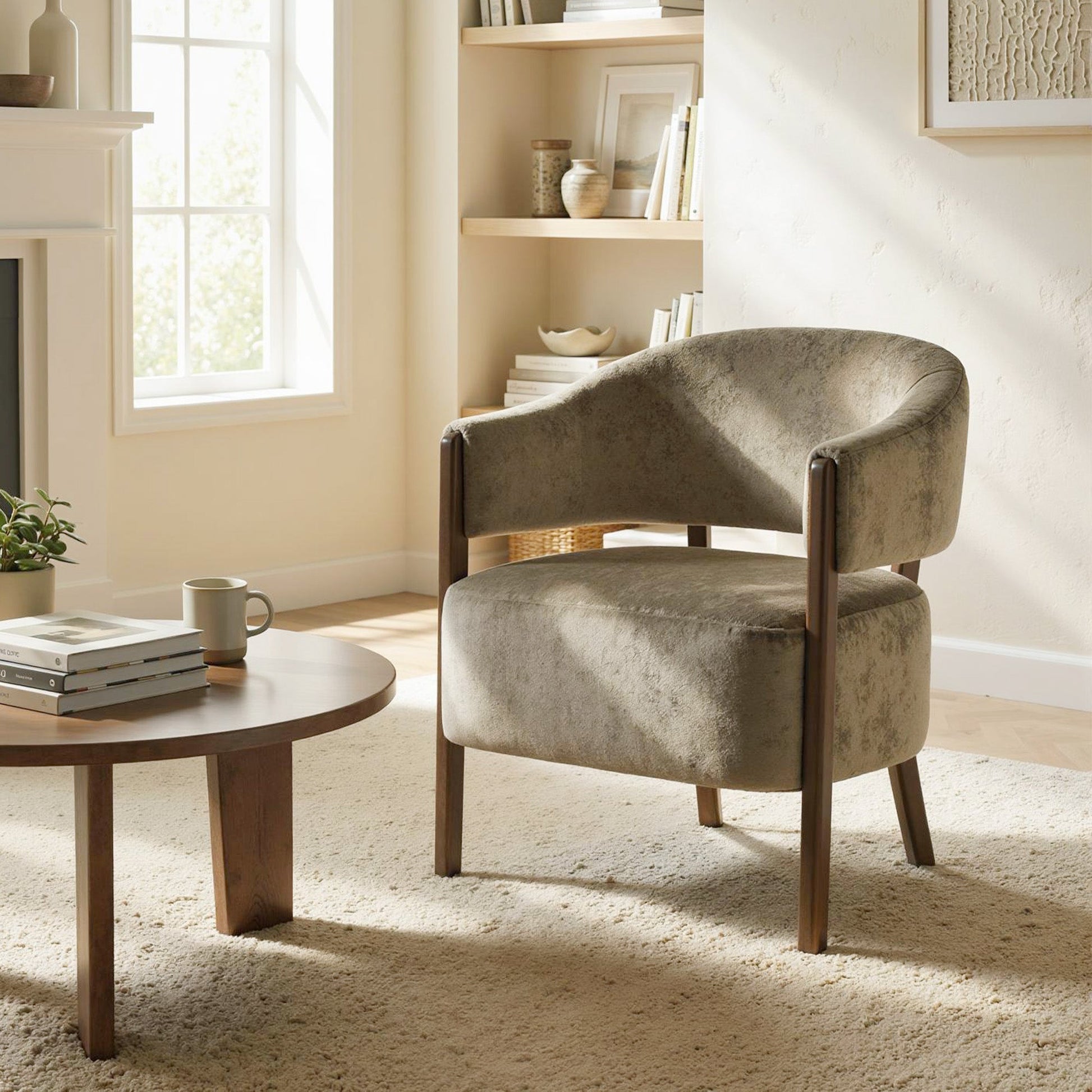 Accent Chair, Upholstered Tub Chair with Solid Wood Frame and Legs, Light Brown