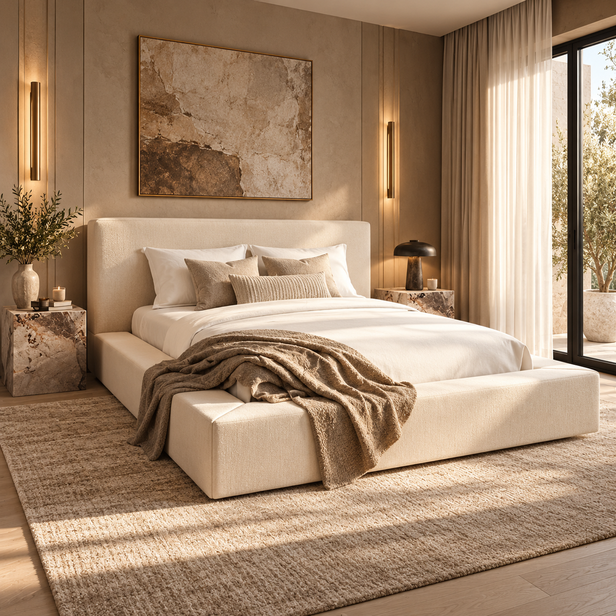 Simone Horizon White Clay Twill Fabric Bed