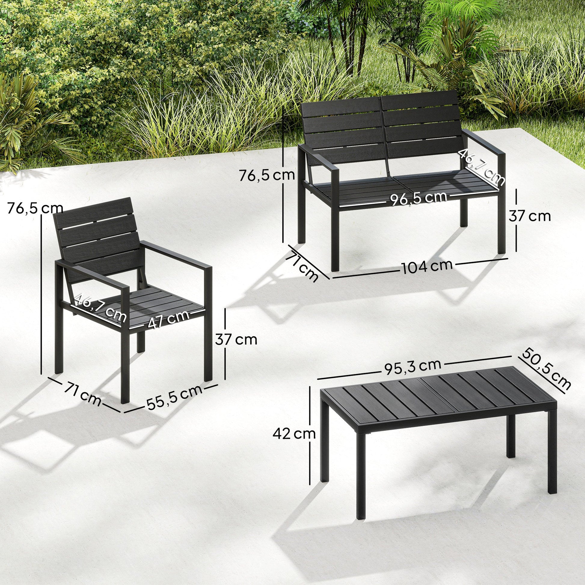 4 Piece Garden Furniture Set, Outdoor Sofa Set with HDPE Slatted Loveseat Armchairs Coffee Table Metal Frame, Black