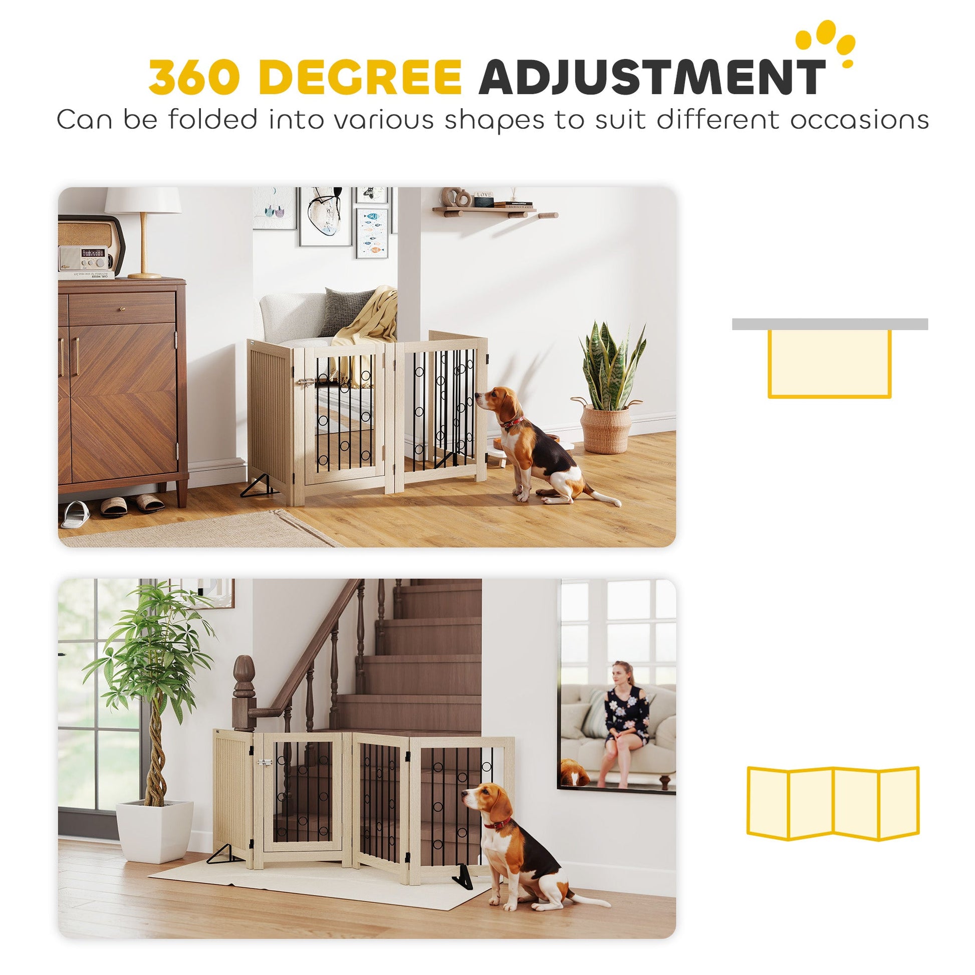 4 Panel Freestanding Pet Gate, Indoor Dog Barrier with Lockable Door, Support Feet, 360° Flexible Hinges, Oak