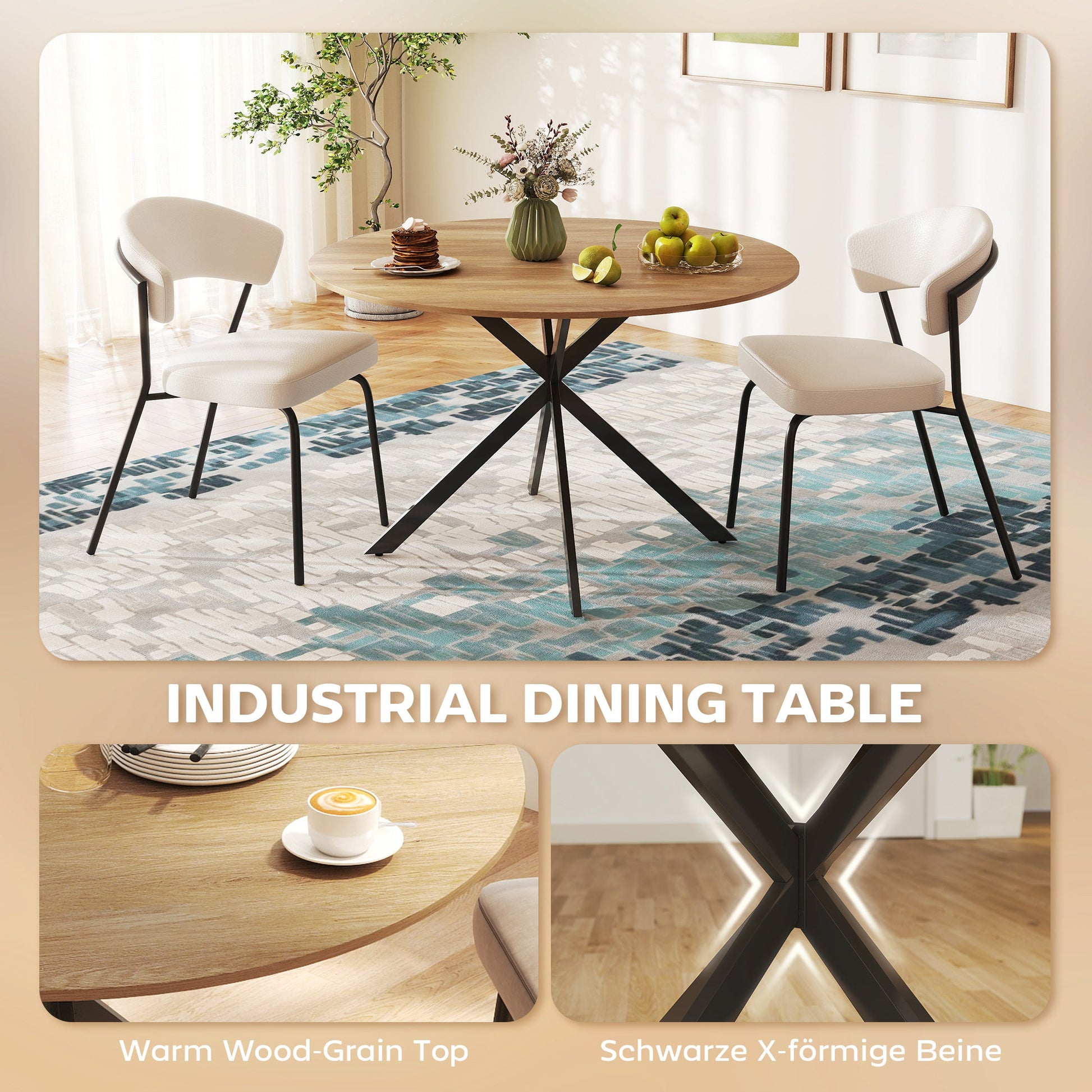 Dining Table for 4, 120 cm Industrial Kitchen Table with Wood Effect Tabletop and Steel Legs, Oak