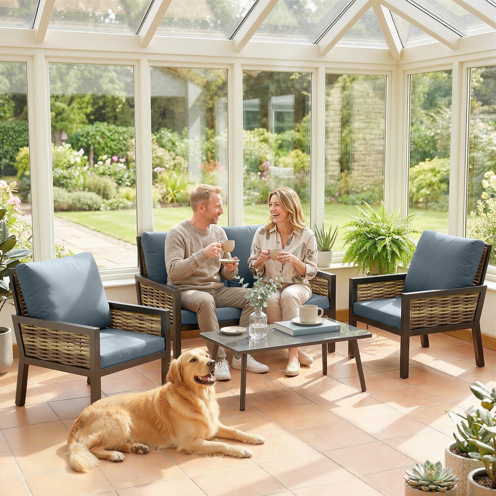 4 Seater Rattan Garden Furniture Set with 2 Armchairs, Loveseat, Coffee Table, Garden Sofa Set with Cushions, Grey
