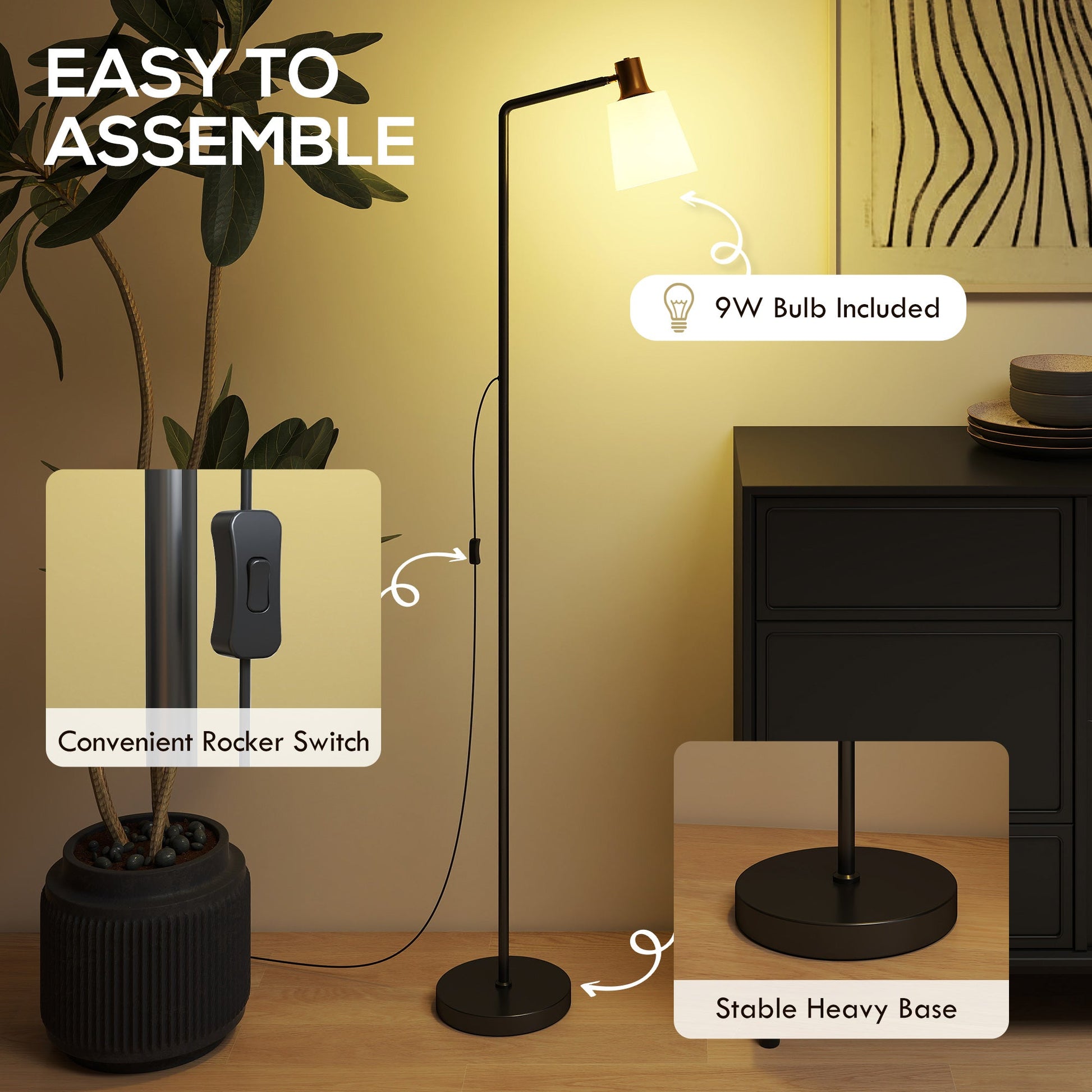 Floor Lamp with 350° Rotatable Head, Modern Standing Lamp with 3000K/4000K/6500K Colour Temperatures for Living Room Bedroom Office, Black
