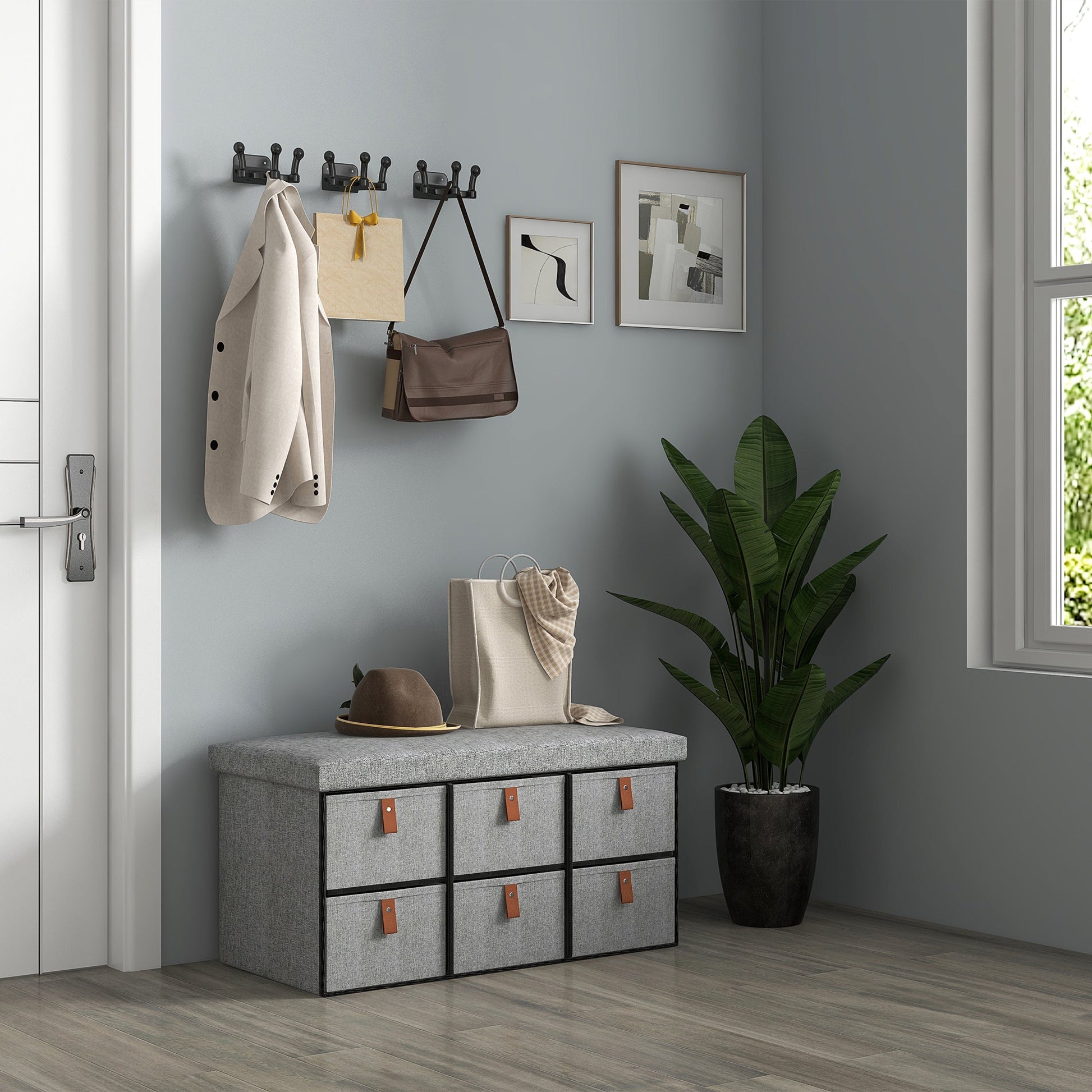 Shoe Bench with Seat, Shoe Storage Bench with Cushion and 6 Fabric Drawers for Entryway, Hallway, Living Room, Bedroom, Light Grey
