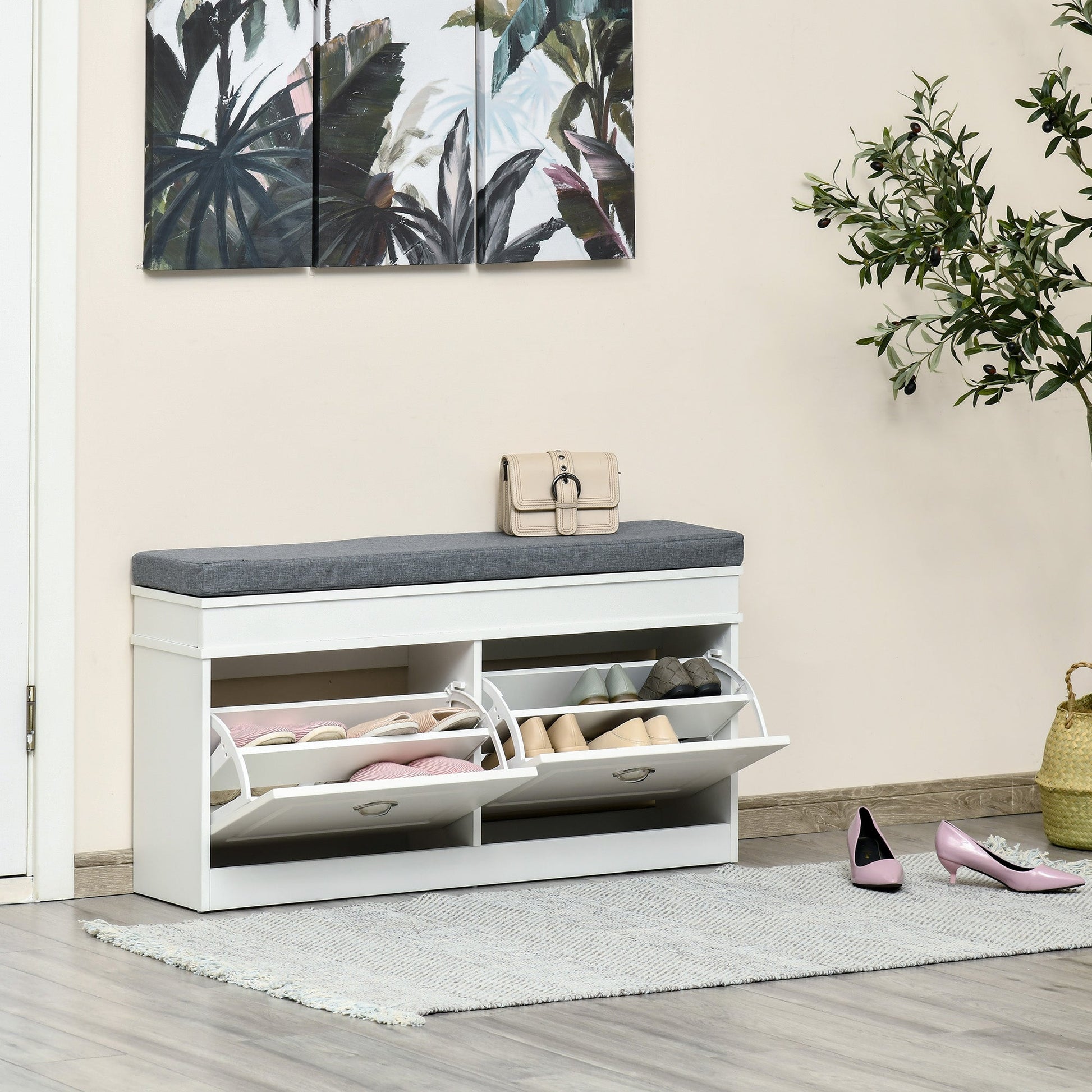 Shoe Storage Bench with Flip Drawers, Shoe Cabinet with Seat Cushion and Adjustable Shelf for Hallway, Entryway, Living Room, Bedroom, White