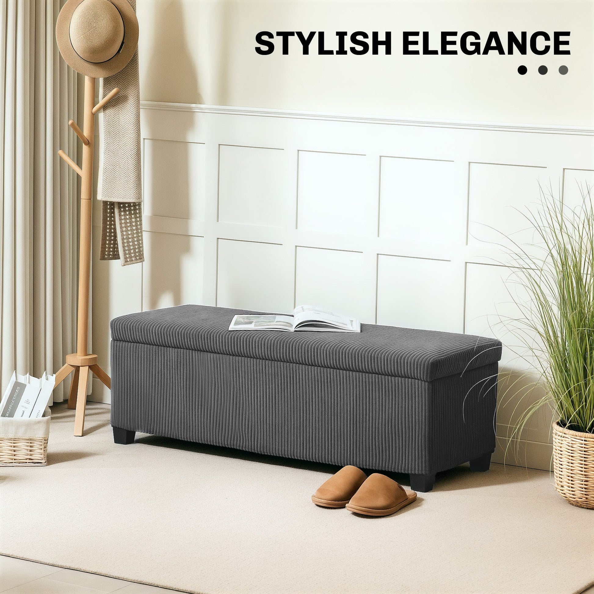 Storage Ottoman Bench, Corduroy Footstool with Removable Lid and Legs, 112cm Storage Chest Box for Living Room, Bedroom, Hallway, Grey