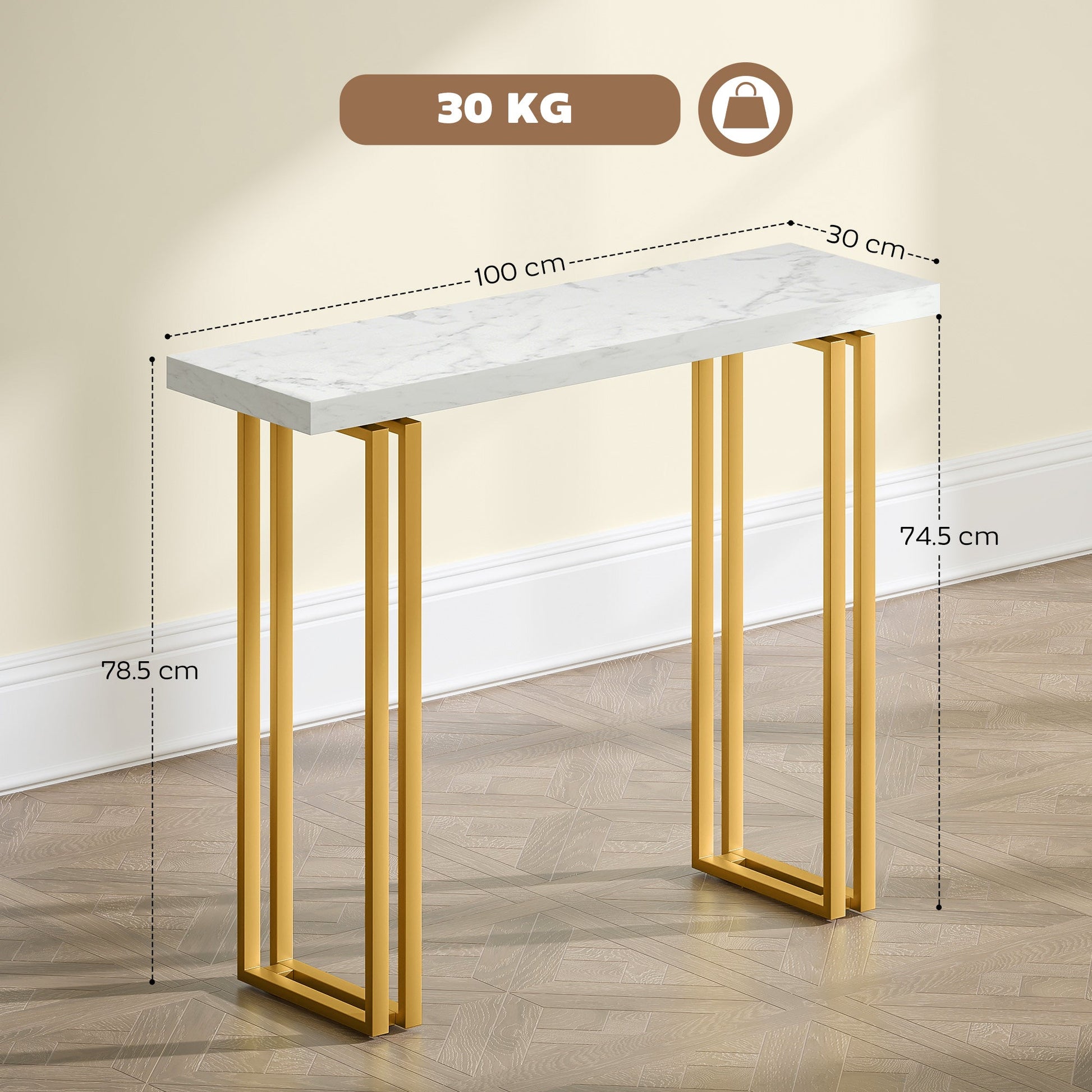 100 cm Console Table with Faux Marble Top, Narrow Entryway Table with Anti-tipping Device, White