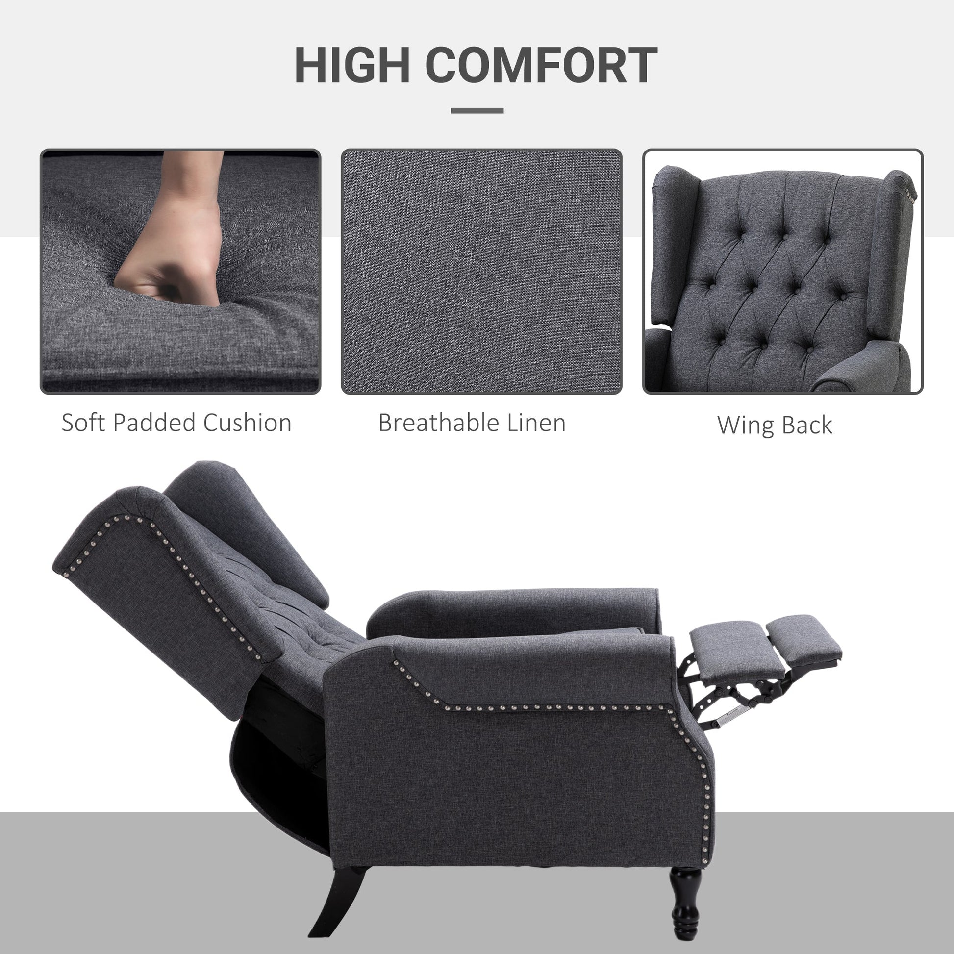 Recliner Armchair, Vintage Reclining Chair with Nail Head Trim, Wingback Chair with Button Tufted Back and Footrest, for Living Room, Dark Grey