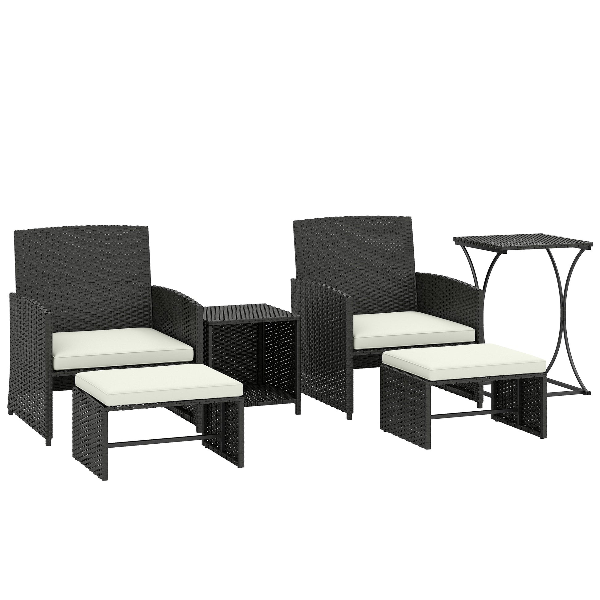 6 Piece Rattan Garden Furniture, Space-Saving Patio Furniture Set with Nesting Tables, Chairs, Stools, Cushions, Black