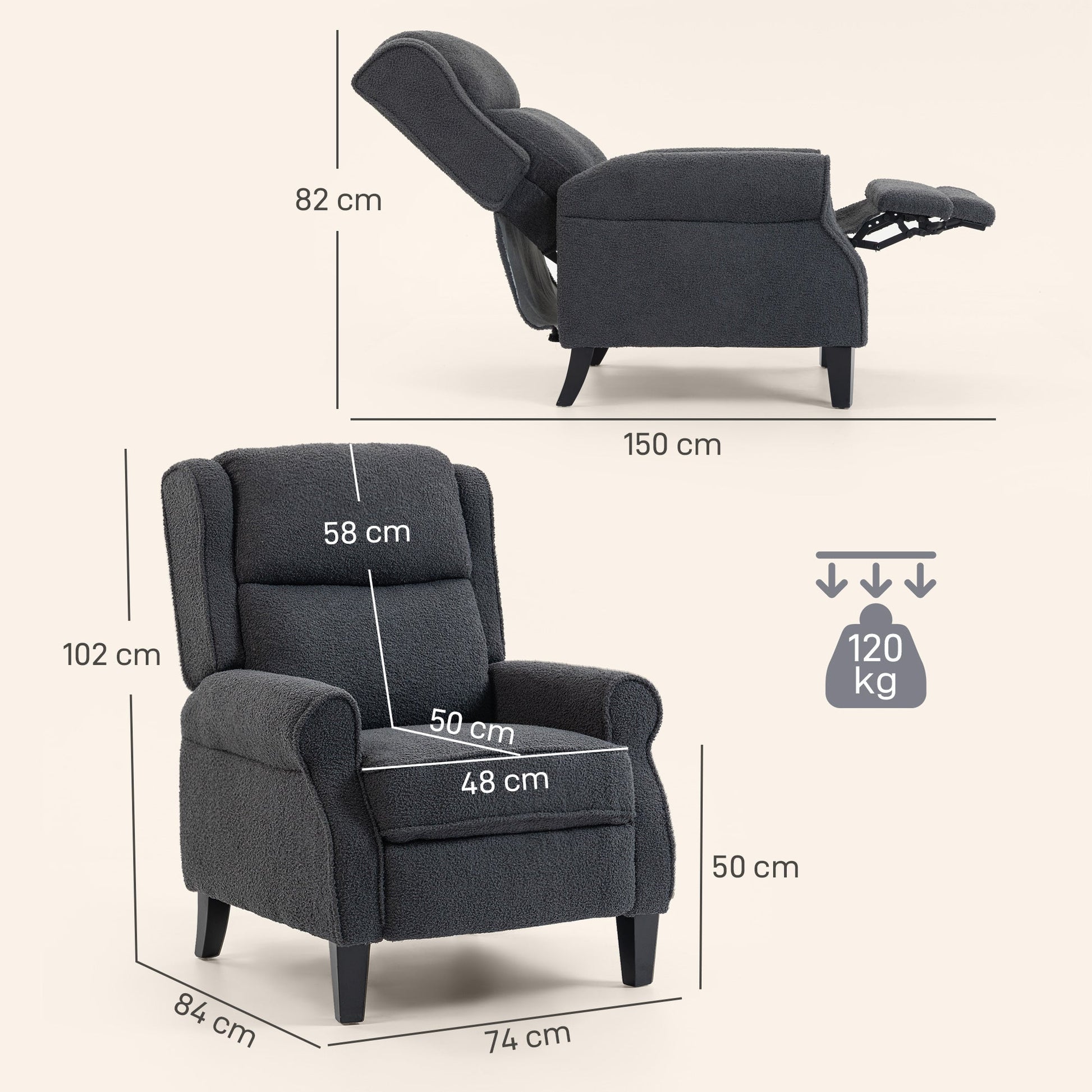 132° Recliner Armchair, with Extended Footrest - Dark Grey