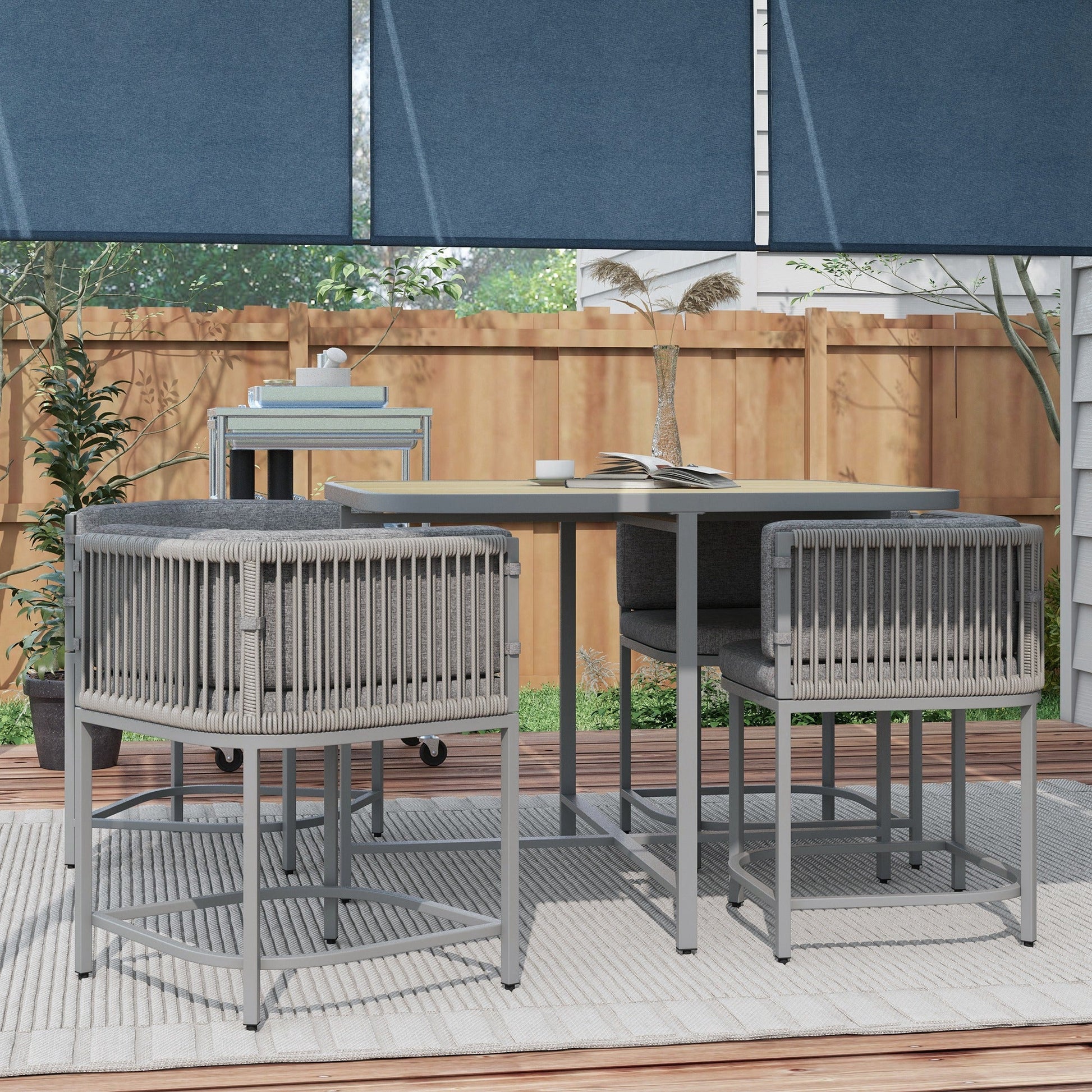 4 Seater Rattan Cube Garden Furniture Set with Cushions, Square Garden Dining Set with Stone Composite Board Top Table, Outdoor Dining Table and Chairs, Grey