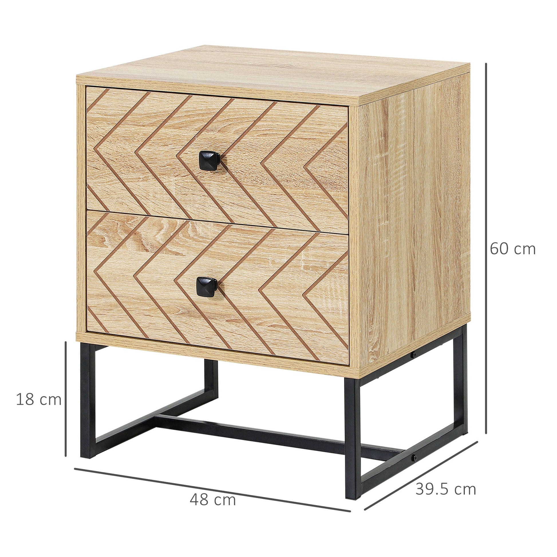 Bedside Table Nightstand Two-Drawer Bedroom Storage Unit Zig Zag Design with Black Metal Handles, Natural