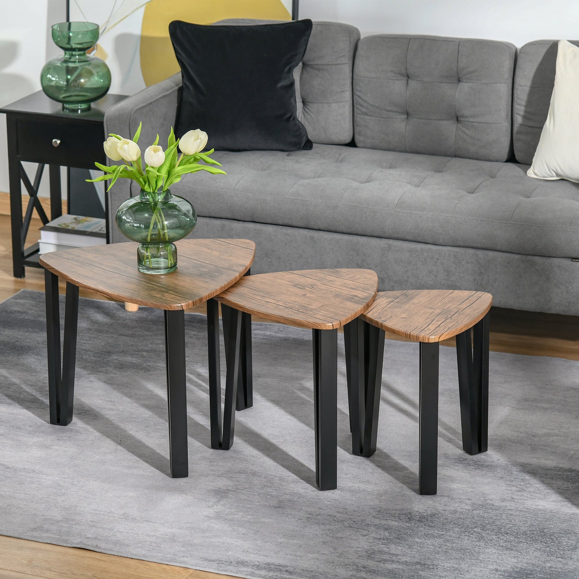 Nest of Tables, Coffee Table Set of 3, Triangle Nesting Tables with Metal Legs, Industrial End Side Table for Living Room, Walnut Wood Grain
