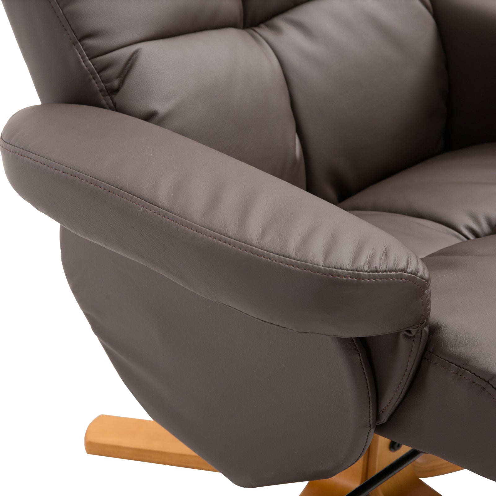 Recliner Armchair, Swivel Reclining Chair With Ottoman, Swivel Faux Leather Chair with Wooden Base and Storage Footstool for Living Room, Brown