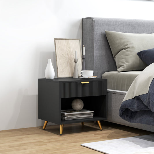 Elegant Bedside Table, with Drawer and Shelf - Black/Gold Tone