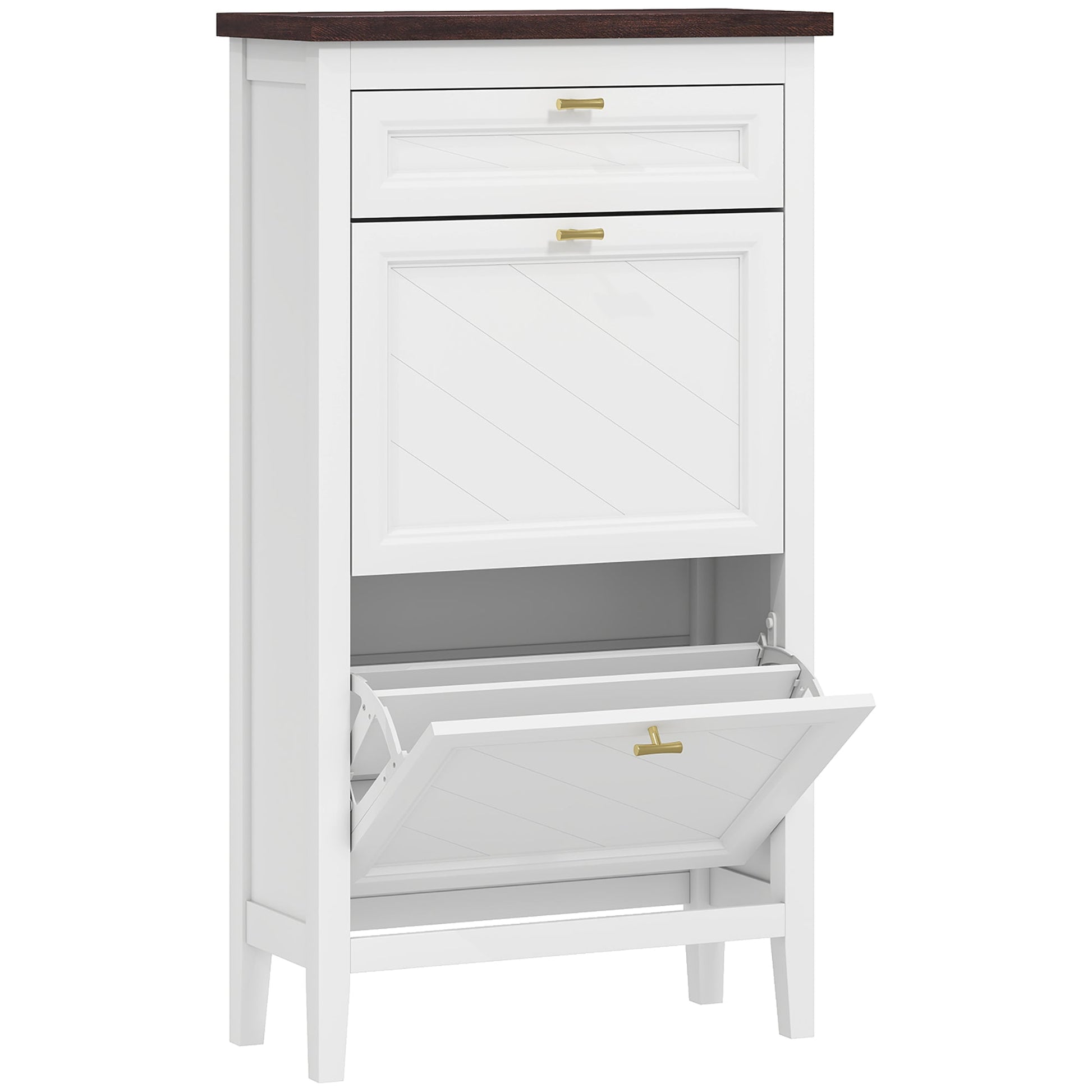 Shoe Cabinet with 2 Flip Drawers, Farmhouse Narrow Shoe Storage Cabinet with Adjustable Shelves, White