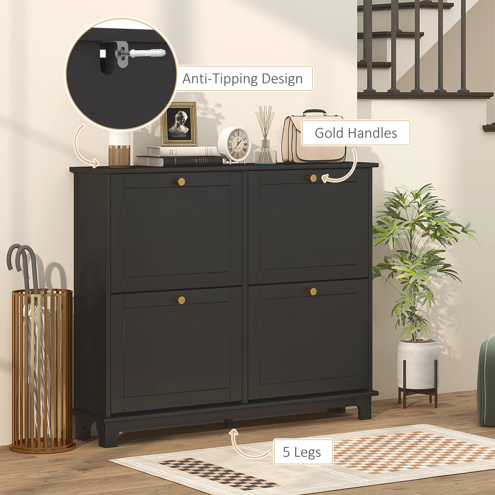 Narrow Shoe Storage Cabinet, Slim Shoe Cabinet with 4 Flip Drawers, Adjustable Shelves for 16 Pairs of Shoes, Black