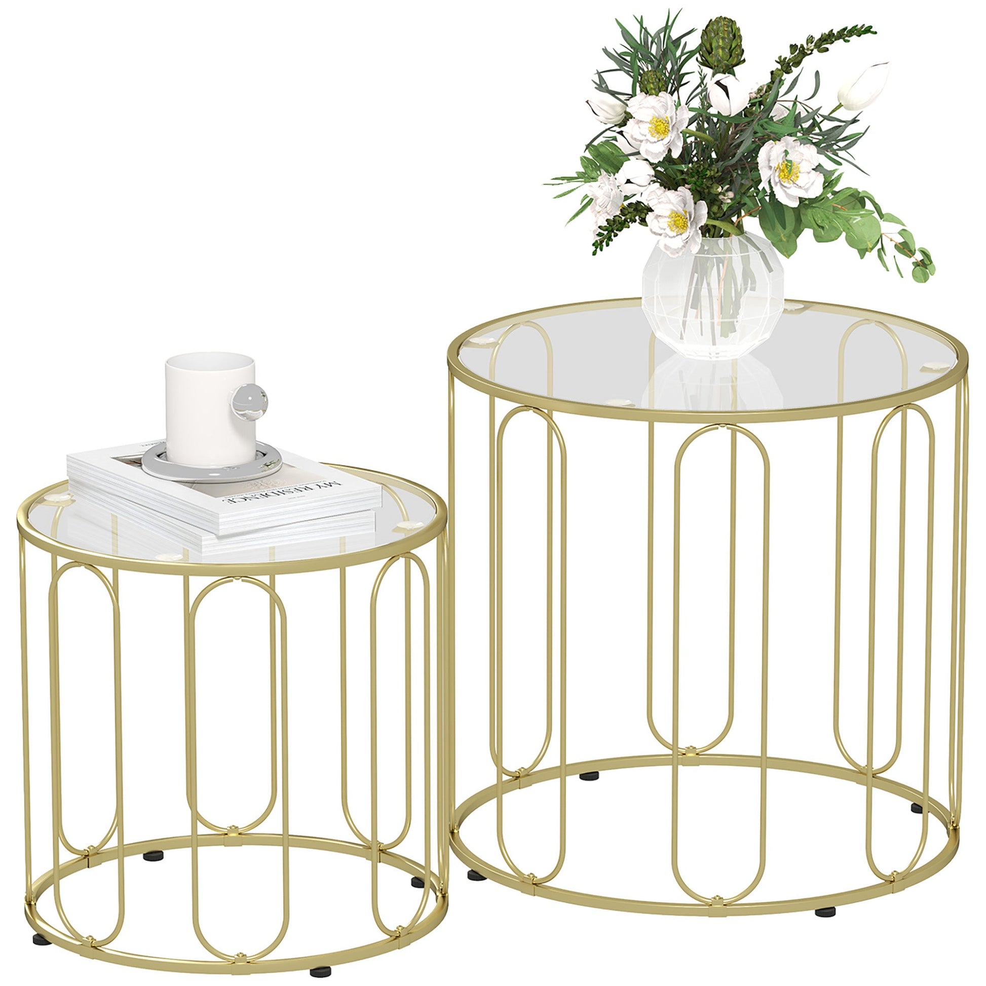 Round Coffee Table Set of 2, Glass Nest of Tables with Metal Frame and Tempered Glass Tabletop, Modern Side Tables for Living Room, Gold Tone