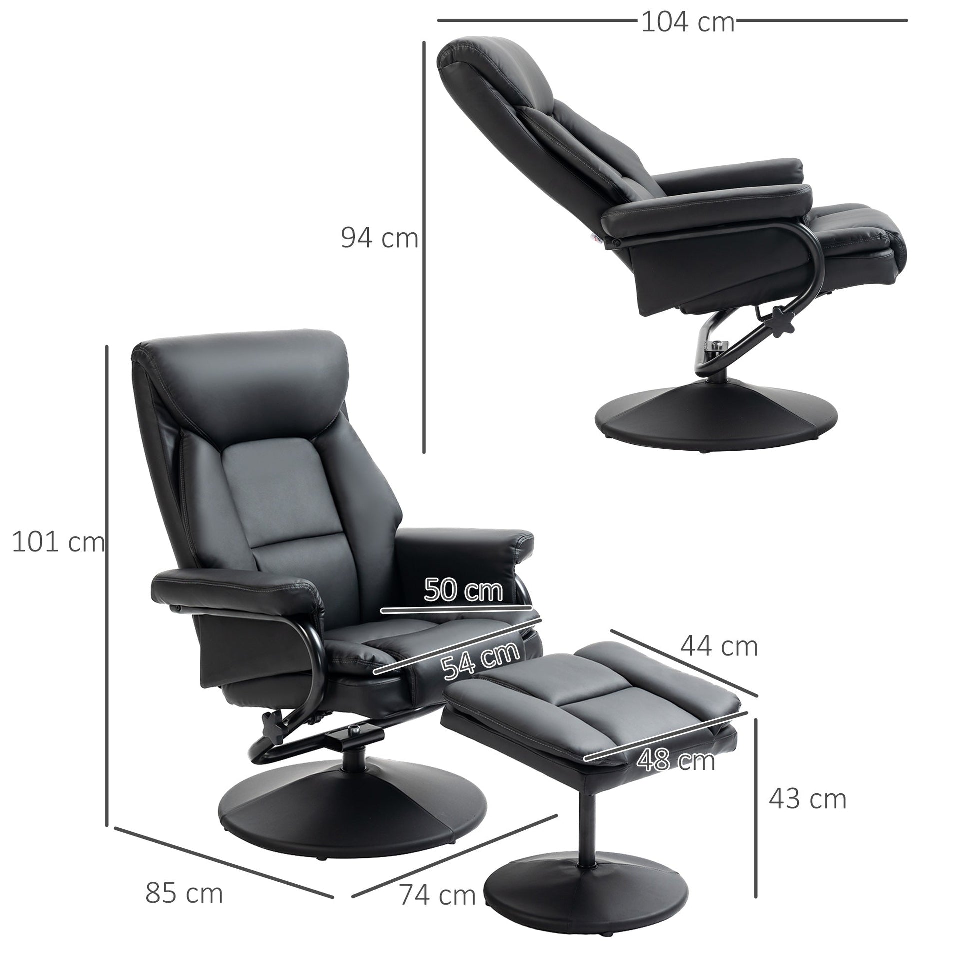 Swivel Recliner Chair with Footstool, PU Leather Recliner Armchair with Ottoman, Steel Base, Upholstered Reclining Chair for Living Room, Bedroom, Office, Black