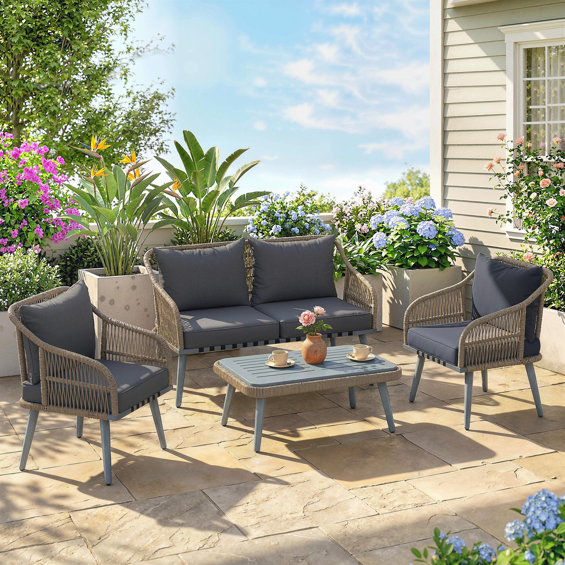 4 Piece Rattan Garden Furniture Set with Loveseat, Armchairs, Wood Table, Wicker Patio Conversation Set, Grey