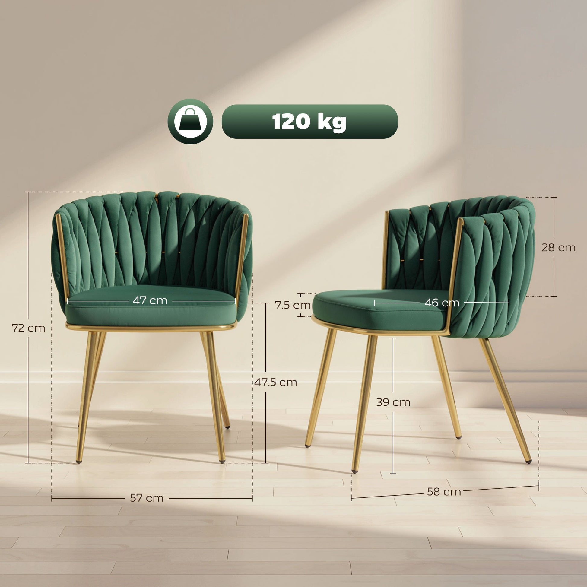 Velvet-Feel Dining Chairs Set of 2, Modern Upholstered Armchair with Knot Design and Golden Metal Legs, Accent Chair for Dining Room, Bedroom, Kitchen, Living Room, Dark Green