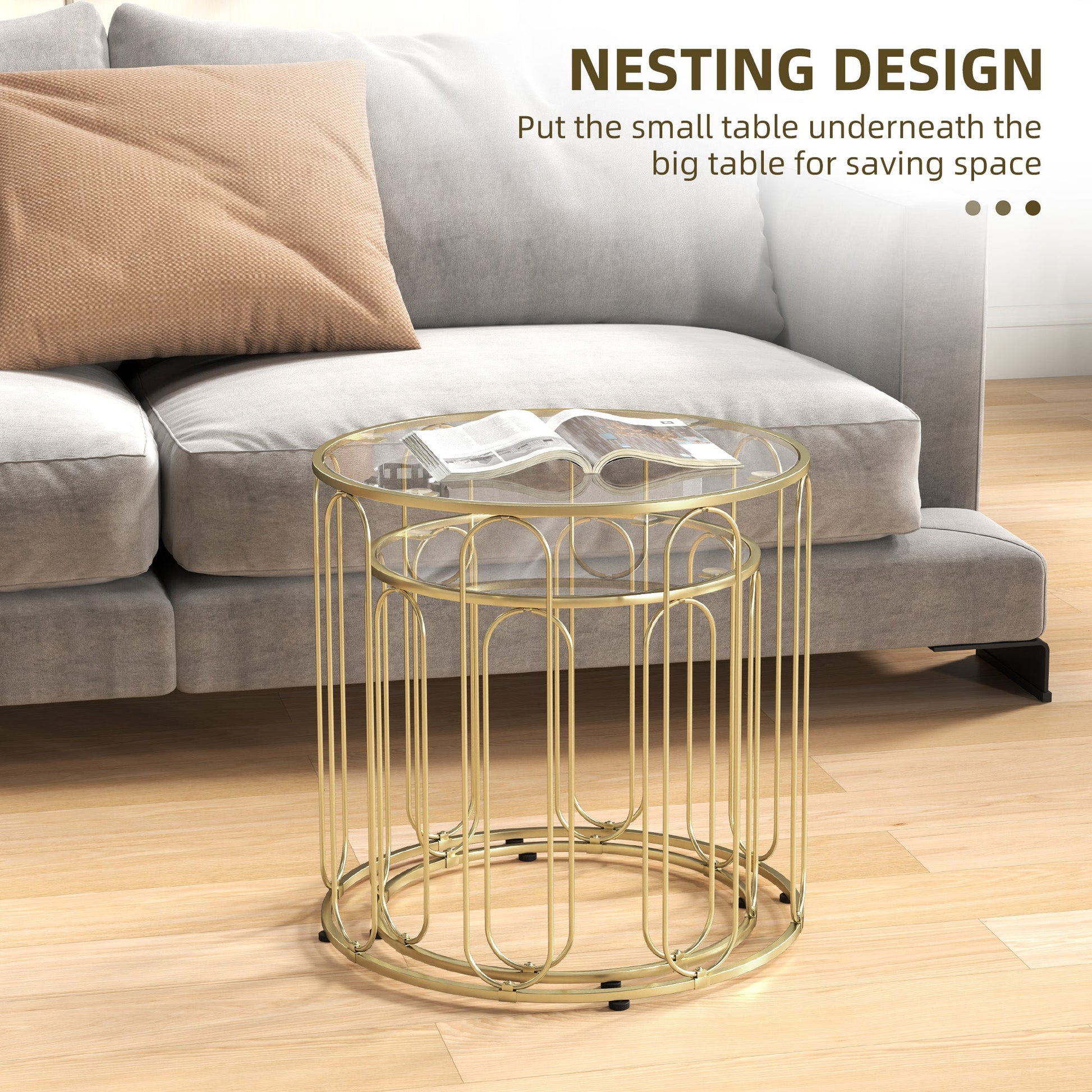 Round Coffee Table Set of 2, Glass Nest of Tables with Metal Frame and Tempered Glass Tabletop, Modern Side Tables for Living Room, Gold Tone