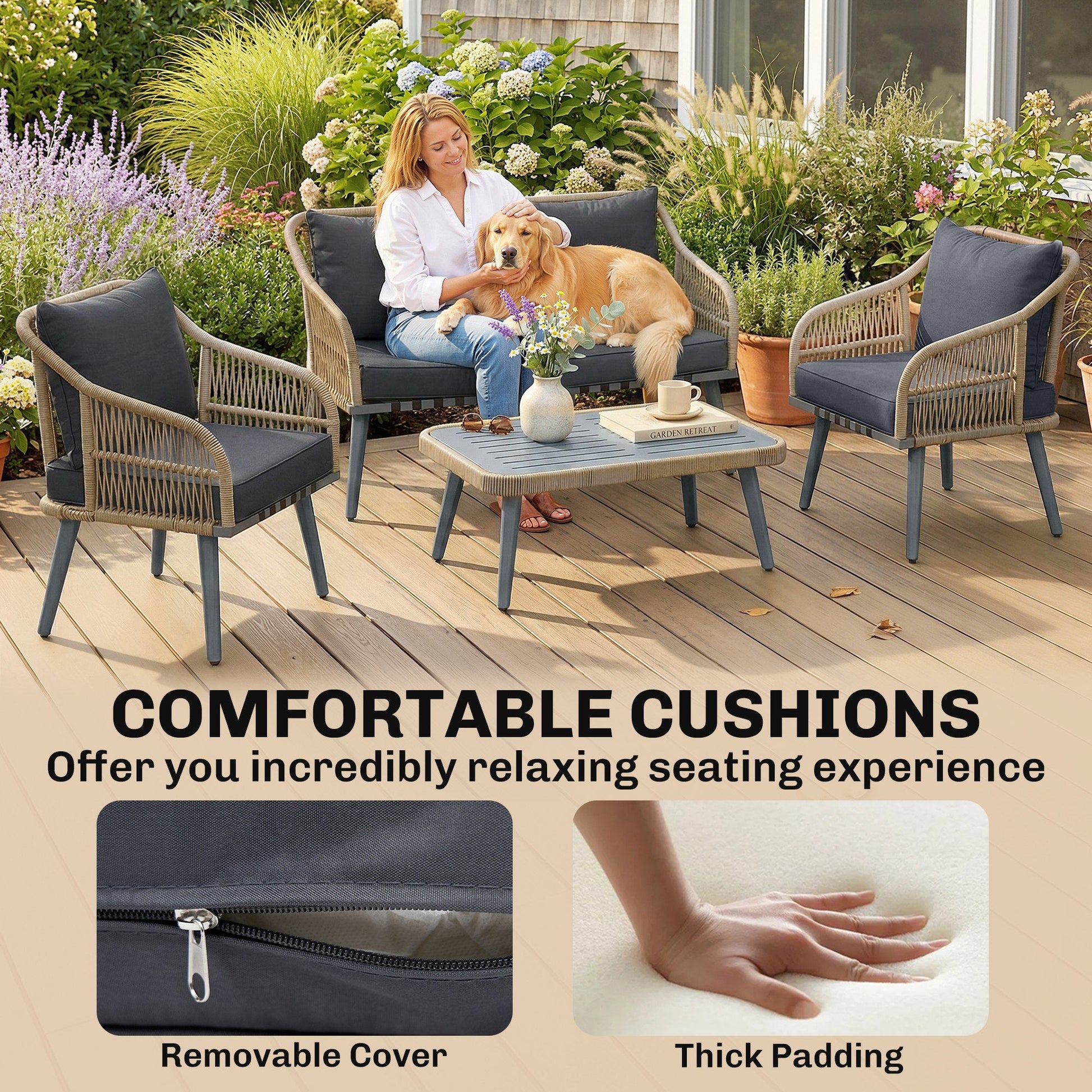 4 Piece Rattan Garden Furniture Set with Loveseat, Armchairs, Wood Table, Wicker Patio Conversation Set, Grey