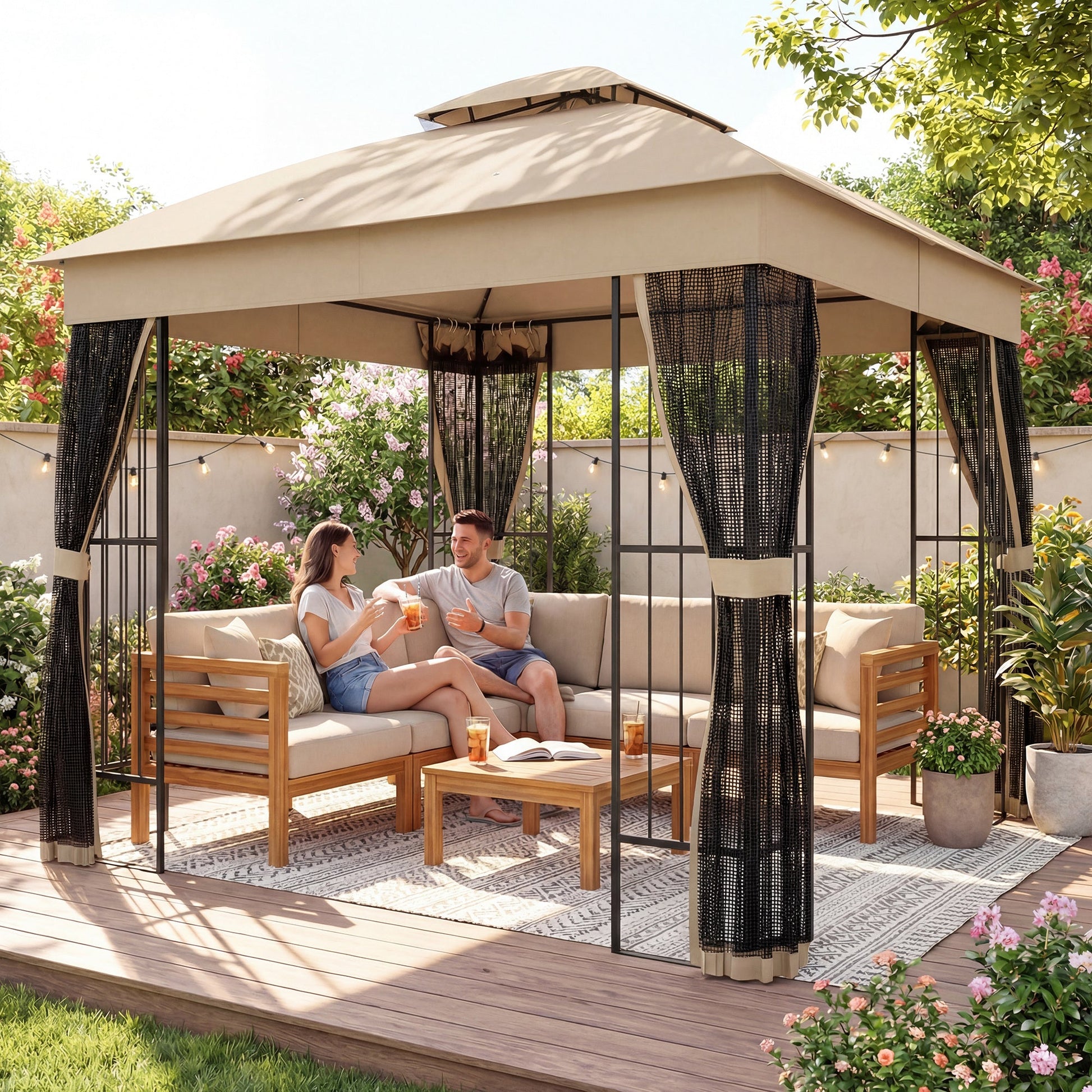 3 x 3 m Outdoor Garden Gazebo with Post Shelves, UPF50+ Double Roof Patio Permanent Pavilion, Brown