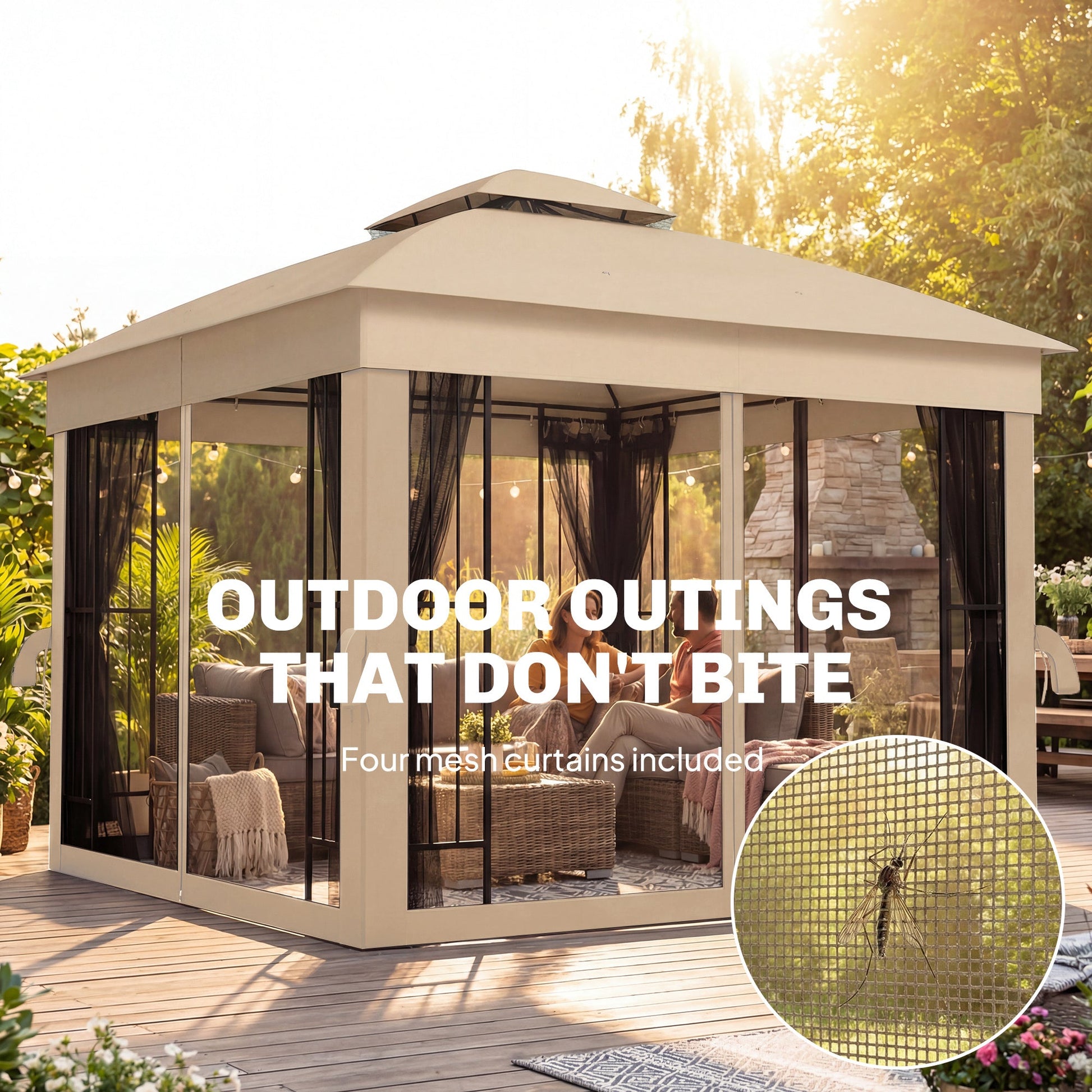 3 x 3 m Outdoor Garden Gazebo with Post Shelves, UPF50+ Double Roof Patio Permanent Pavilion, Brown