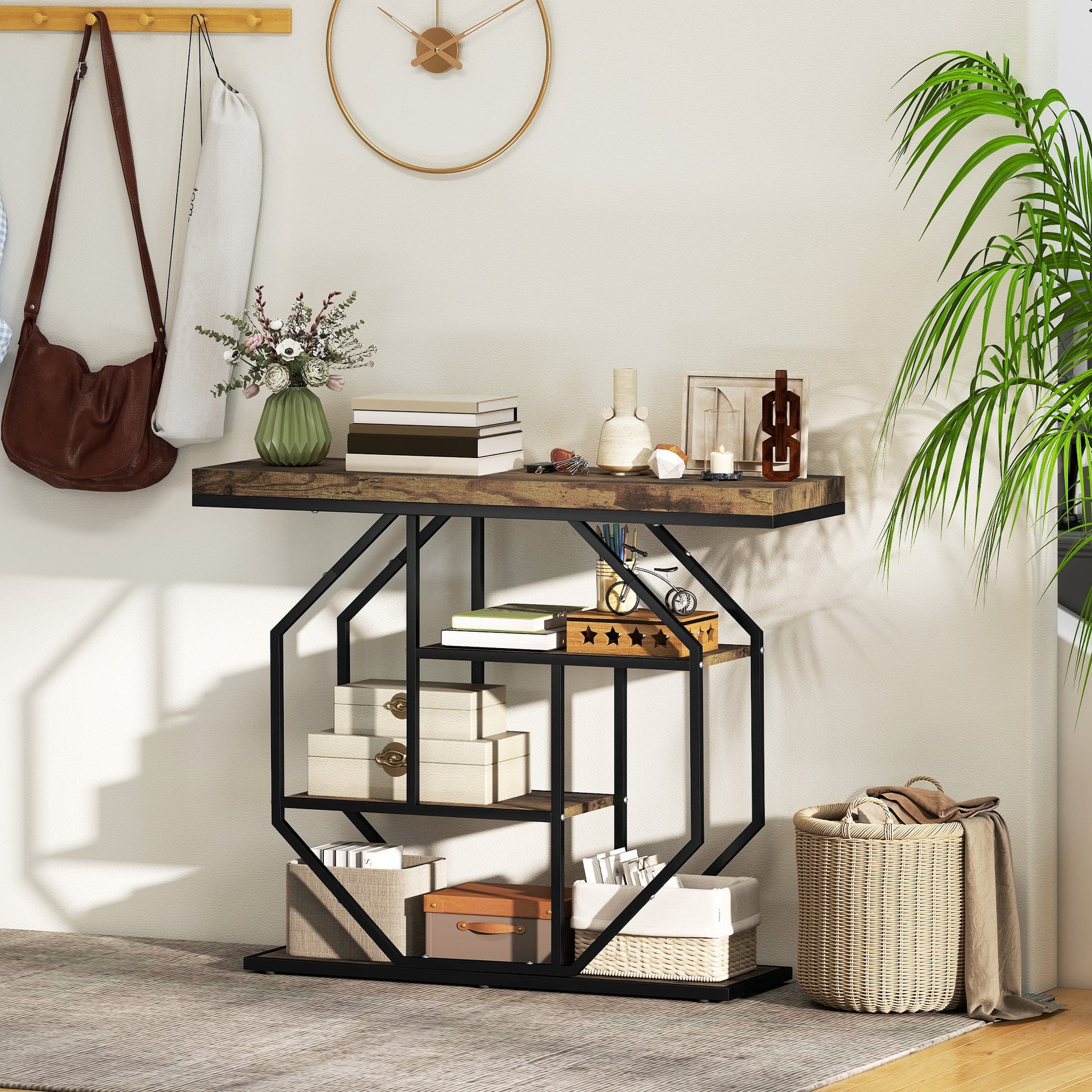 4-Tier Industrial Console Table - Rustic Brown