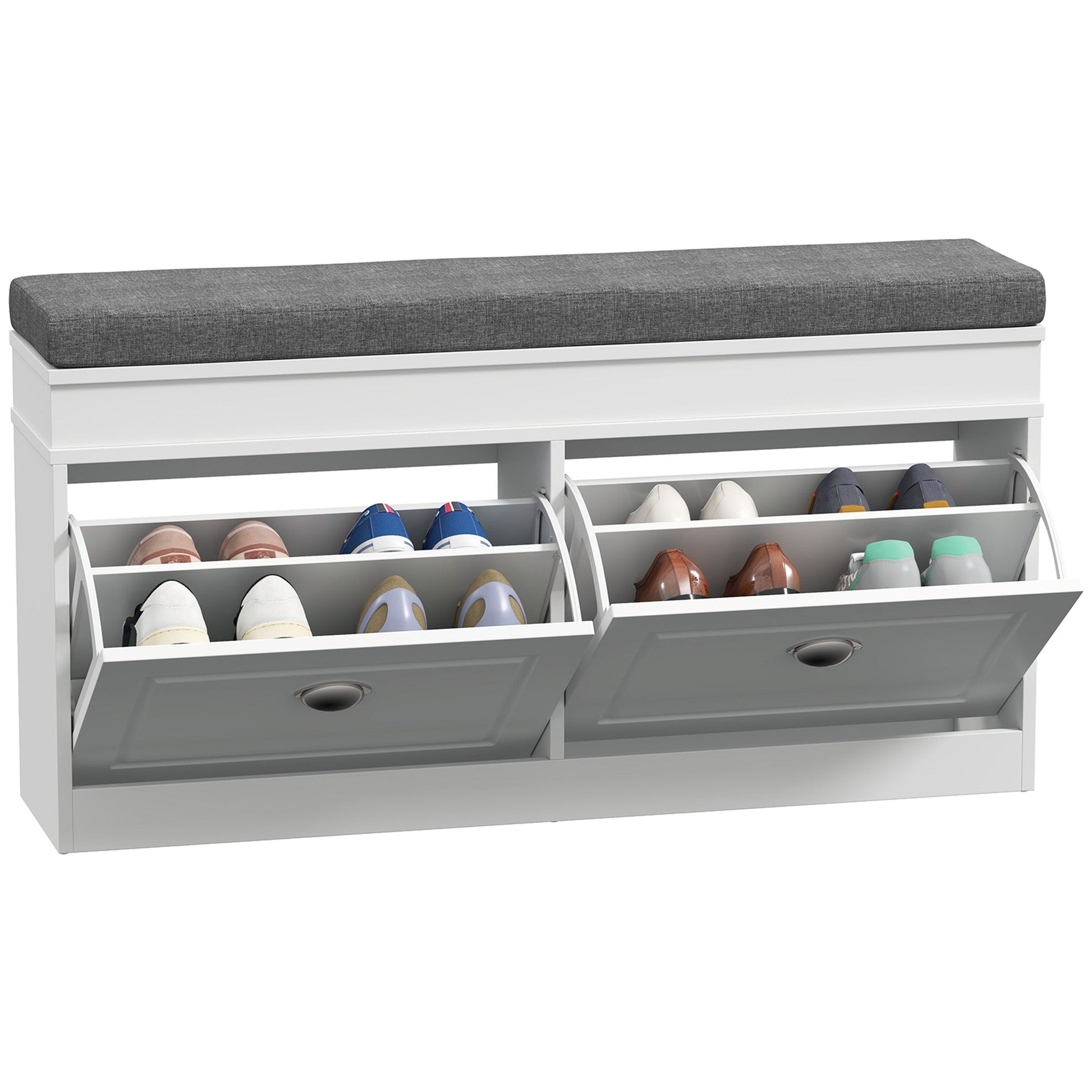 Shoe Storage Bench with Flip Drawers, Shoe Cabinet with Seat Cushion and Adjustable Shelf for Hallway, Entryway, Living Room, Bedroom, White