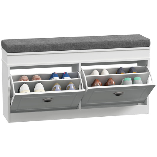 Shoe Storage Bench with Flip Drawers, Shoe Cabinet with Seat Cushion and Adjustable Shelf for Hallway, Entryway, Living Room, Bedroom, White