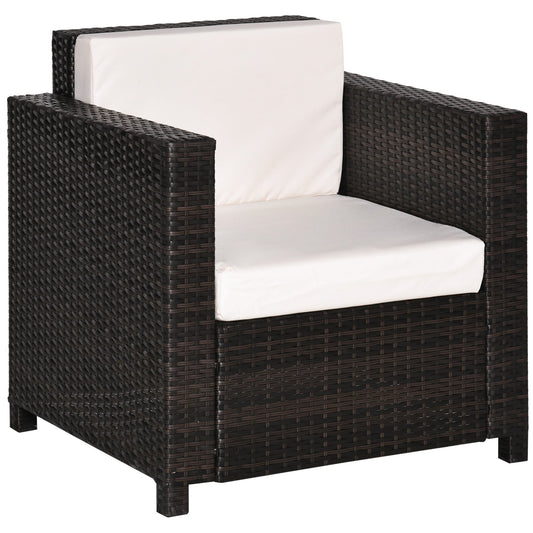 Single Seater Rattan Chair, PE Wicker Garden Armchair with 10 cm Thickened Cushion, All-Weather Rattan Garden Chair with Armrests, Brown