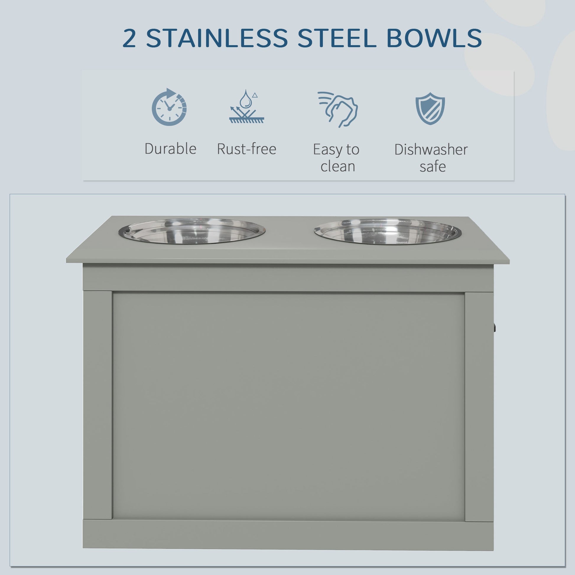 Raised Dog Bowls, with Storage, Two Stainless Steel Bowls, Elevated Base - Grey