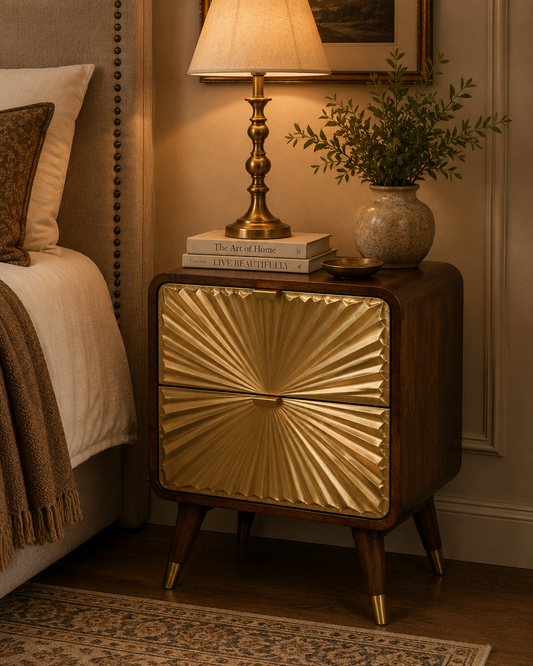 Avora Brass Embossed 2 Drawer Chestnut Nightstand
